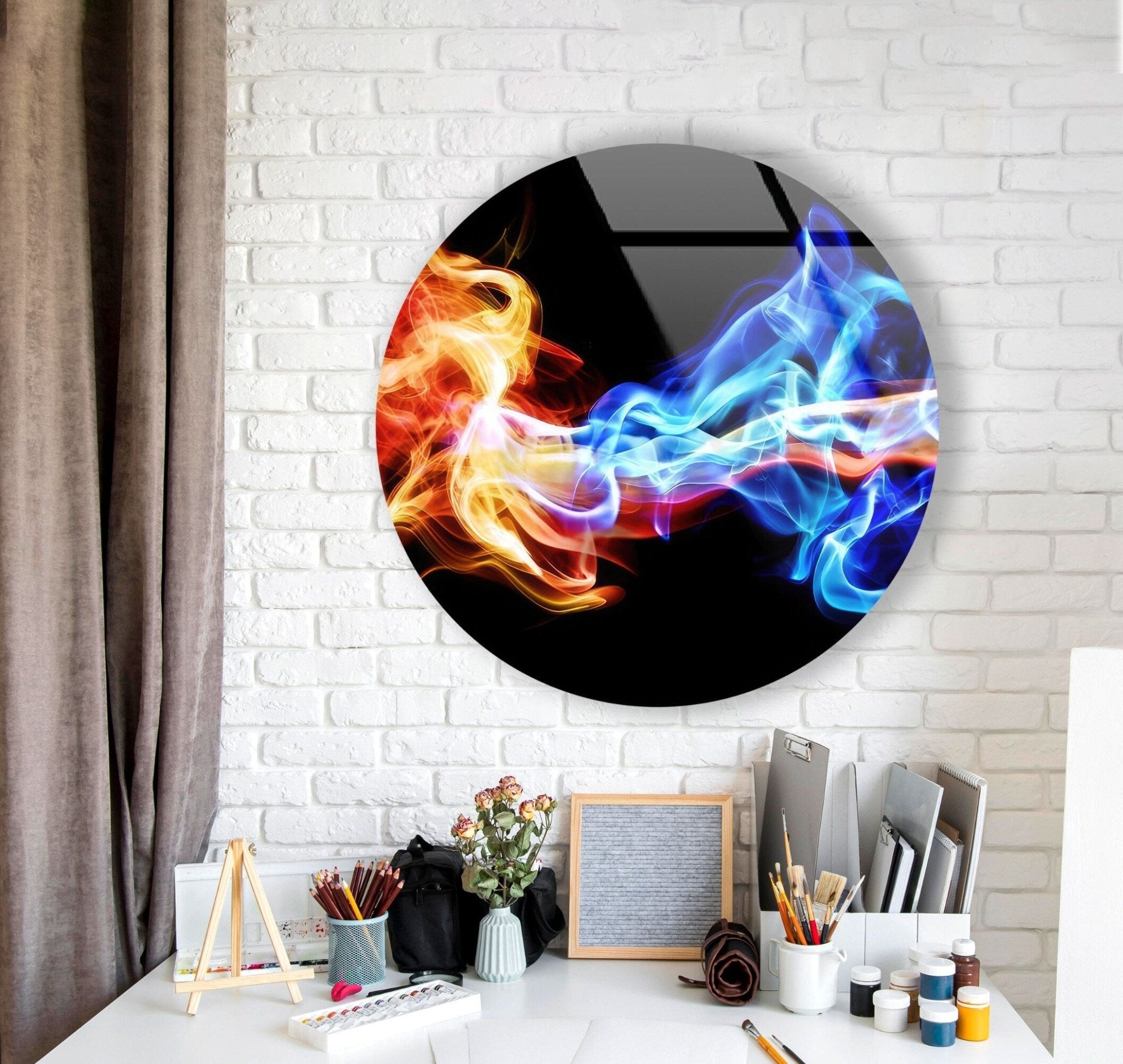 Abstract Round Orange & Blue Glass Wall Art - Modern Handmade Home Decor for Living Room, Bedroom & Office - Unique Glass Artwork for Wall Decor & Gifts