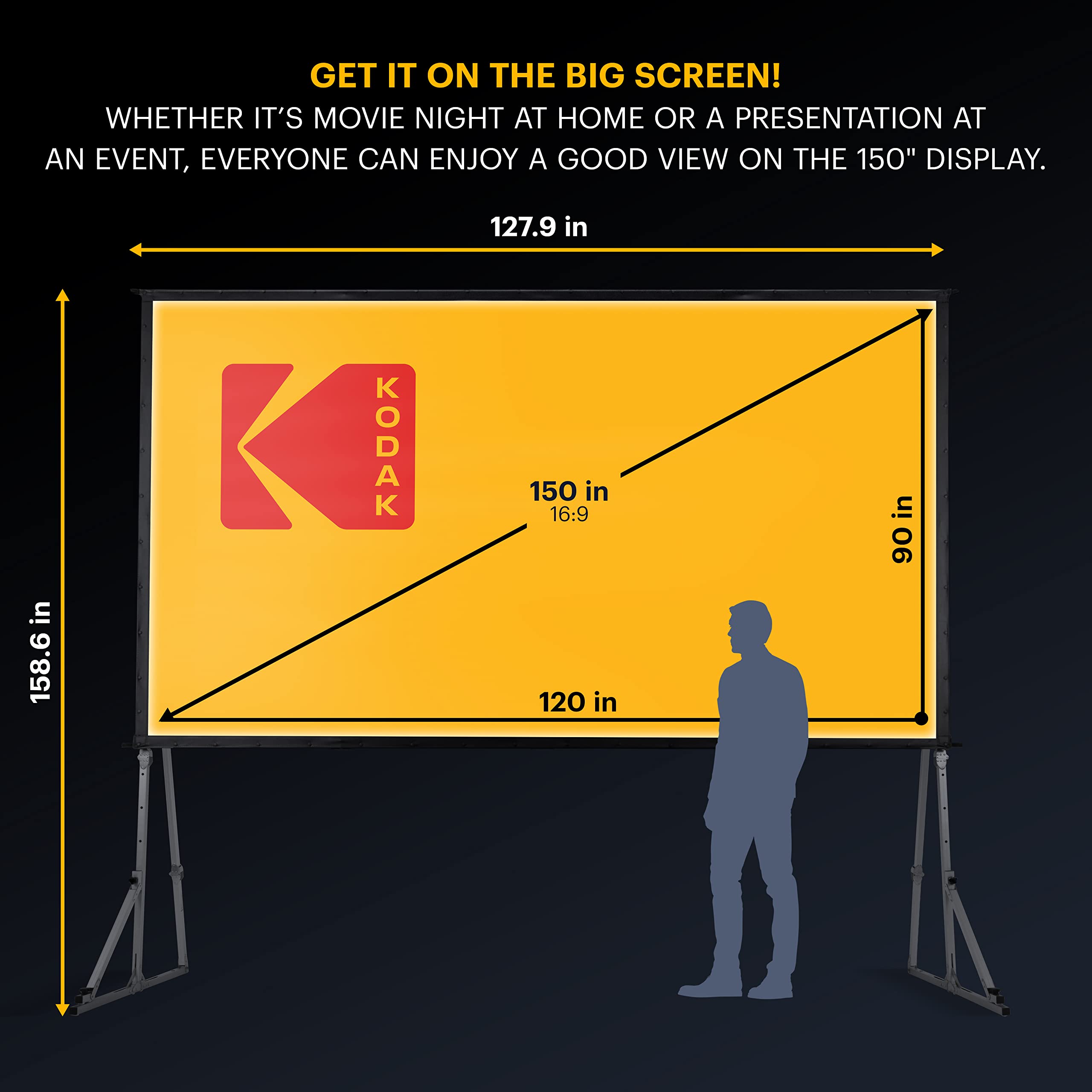 KODAK 150 Inch Portable Pull Down Projector Screen with Stand - Fast Fold White Projection Screen for Indoor & Outdoor Movies, Home Theater, Presentations - Includes Tripod, Stability Kit & Black Storage Case