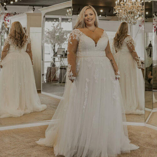 Elegant Plus Size Long Sleeve Lace Wedding Dress with V-Neck A-Line Silhouette | UK Bridal Gown for Church, Beach, and Garden Weddings