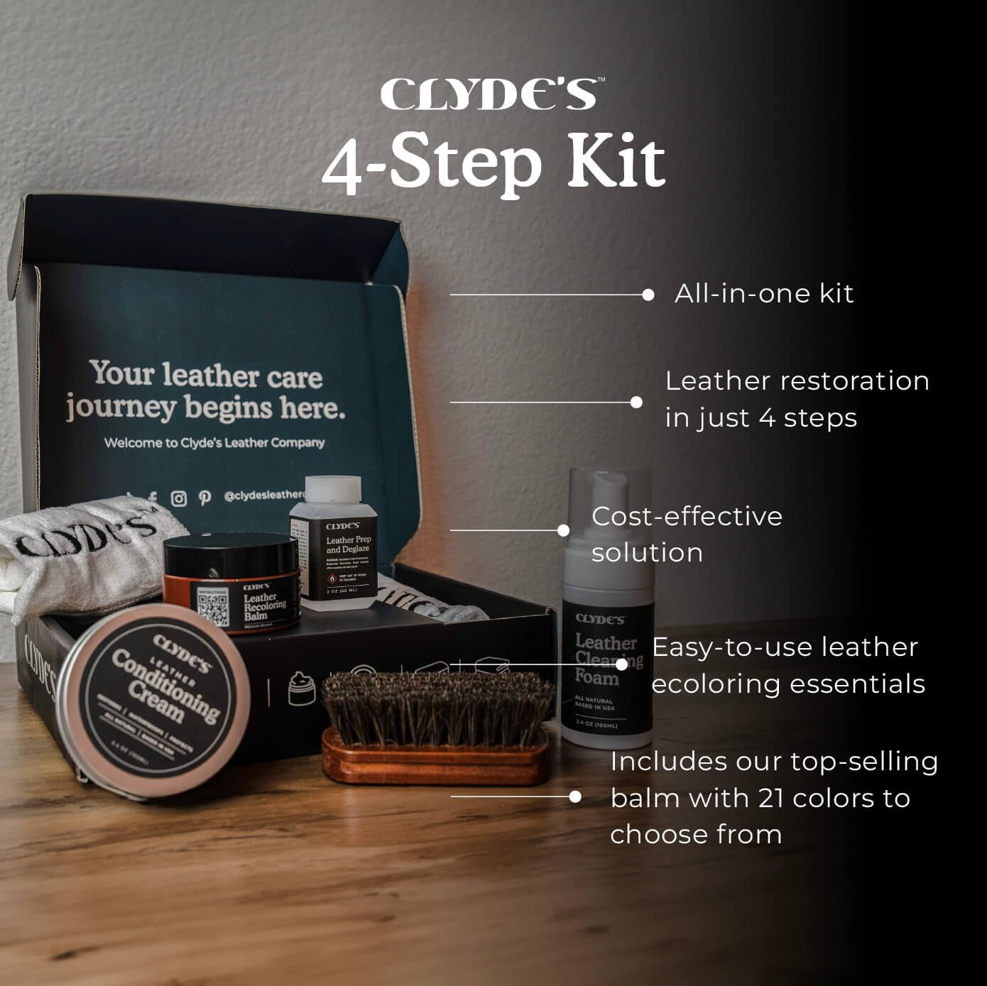 Clyde's™ 4-Step Leather Recoloring Kit with Brush & Lint-Free Towels | Clean, Restore & Protect Leather Goods | Perfect for Couches, Car Seats & Handbags | DIY Leather Repair & Maintenance