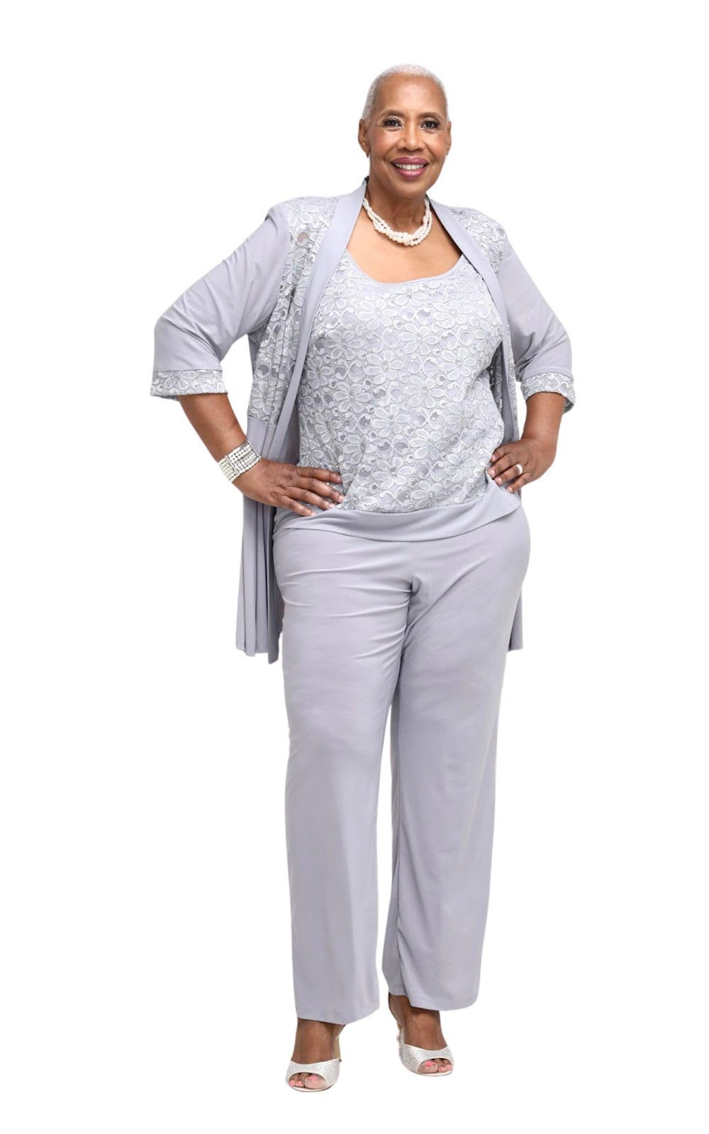 R&M Richards Women's Plus Size Pant Suits - Mother of The Bride Formal Pantsuit in Pewter | Size 16 Plus | Wedding Guest Outfit, Special Occasion Attire, Church Events