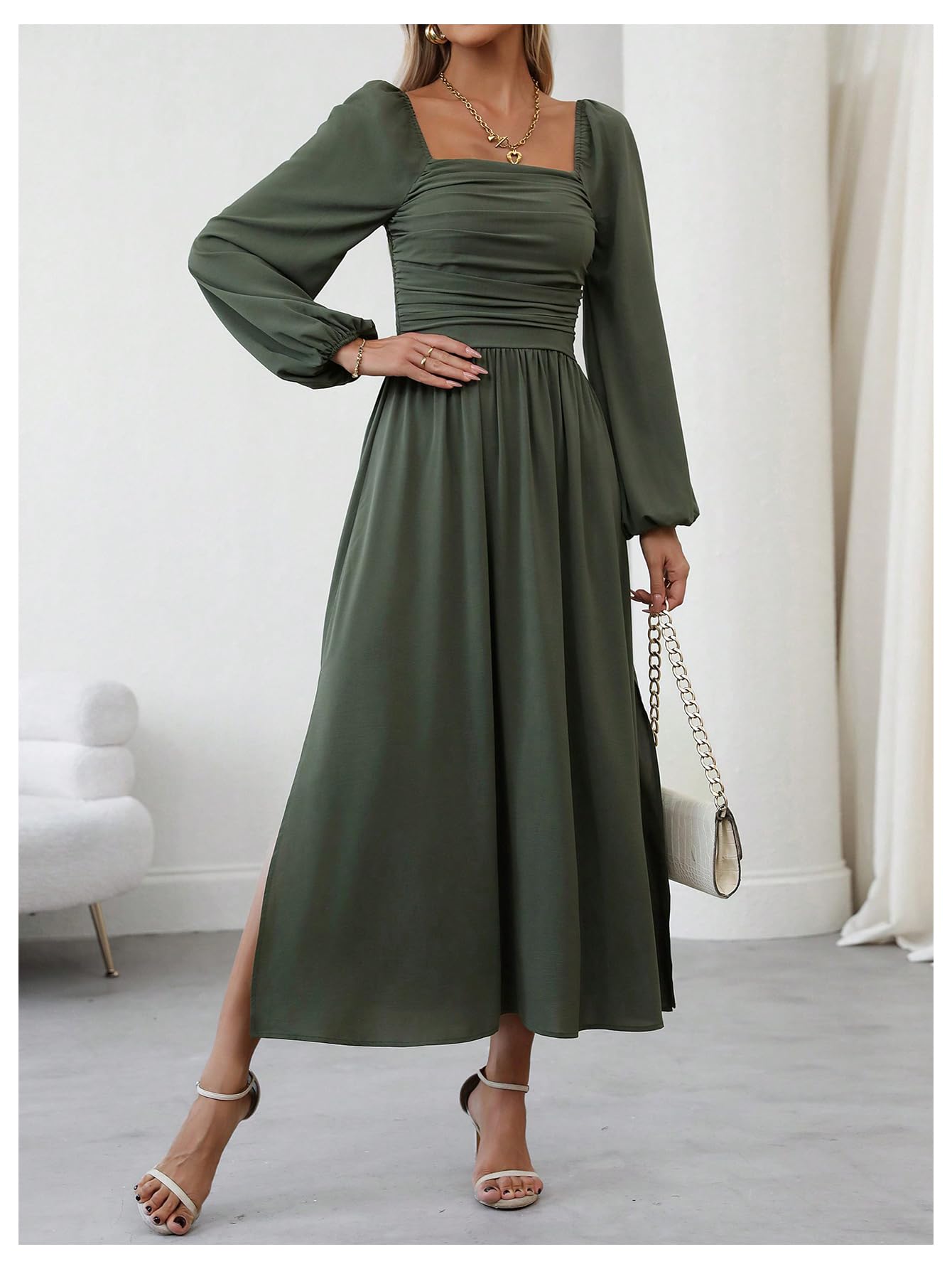 Floerns Women's Square Neck Lantern Long Sleeve Ruched Midi Dress with Side Slit - Elegant Party & Cocktail Attire for Weddings, Date Nights & Special Occasions