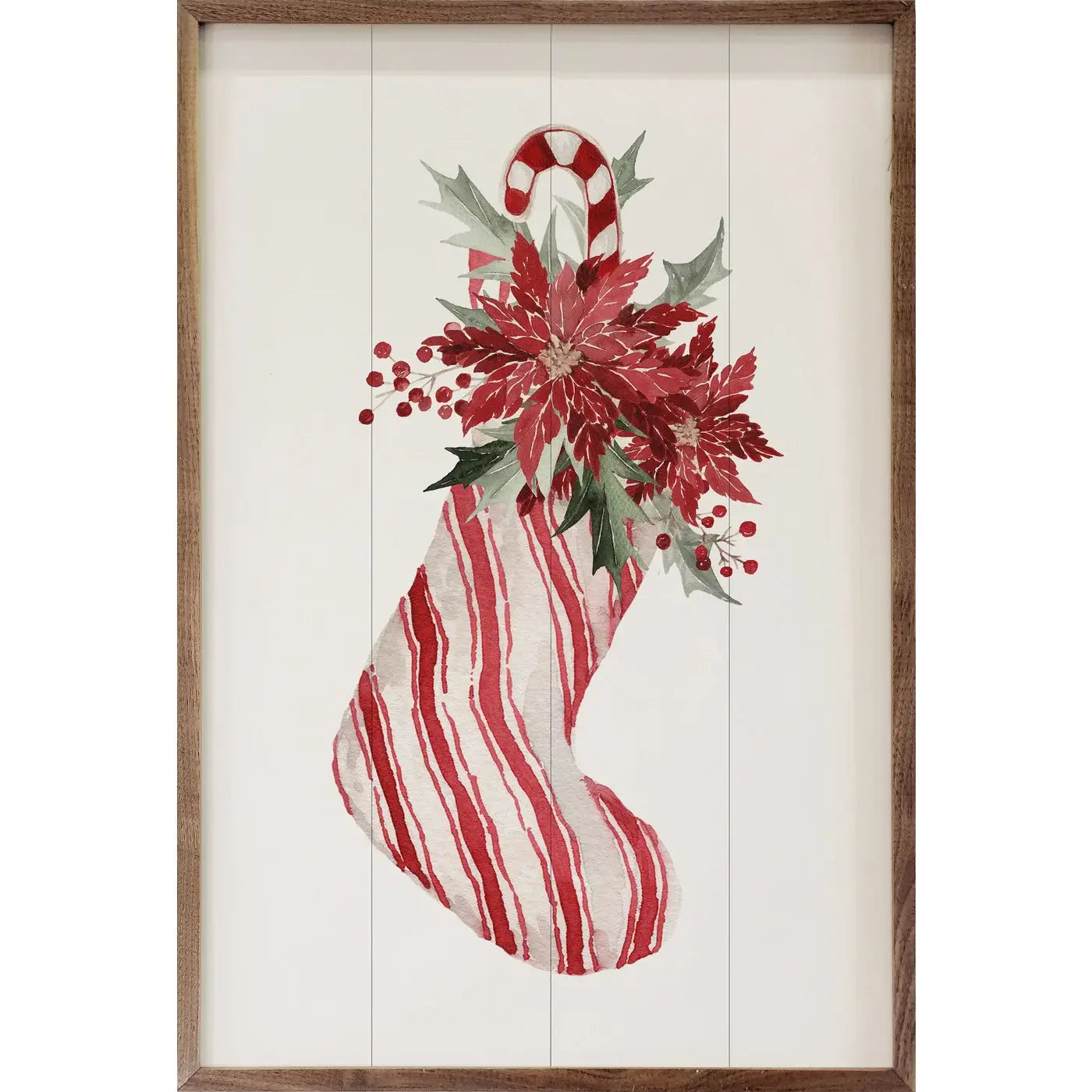 Candy Striped Filled Stocking Wood Framed Print - Christmas Holiday Home Decor, Festive Wall Art for Living Room, Bedroom & Office