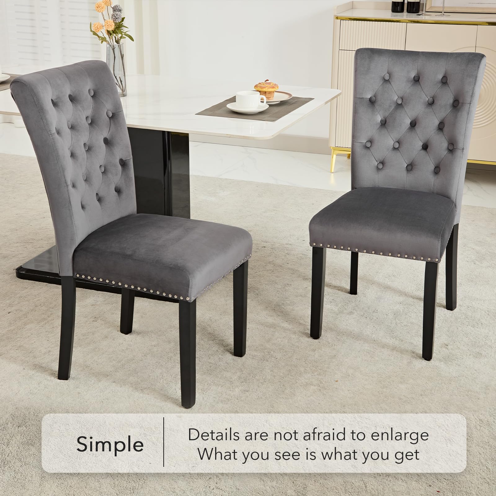 Velvet Upholstered Dining Chairs Set of 2 - Dark Grey Parsons Kitchen Chairs with Wood Legs & Nailhead Trim - Perfect for Dining Room, Kitchen, Breakfast Nook & Home Decor