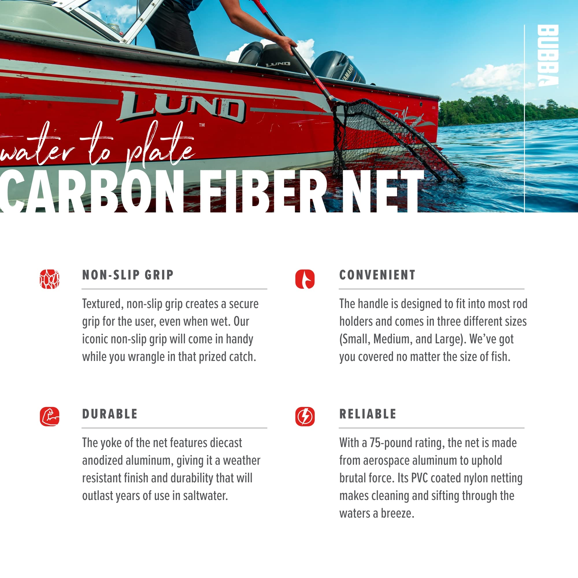BUBBA Premium Fishing Landing Net - Corrosion Resistant Carbon Fiber Shaft with Non-Slip Grip Handle for Anglers, Boating & Outdoor Adventures | Perfect for Freshwater, Saltwater & Kayak Fishing
