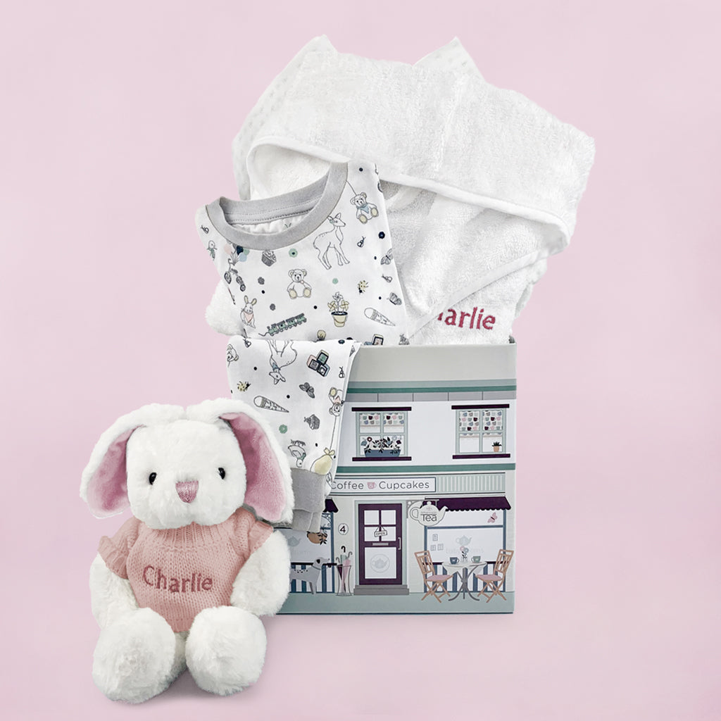 Personalized Pink Little Bunny Bath and Bedtime Hamper with White Bathrobe for Toddlers 1-2 Years | Perfect Baby Shower Gift & Nursery Decor