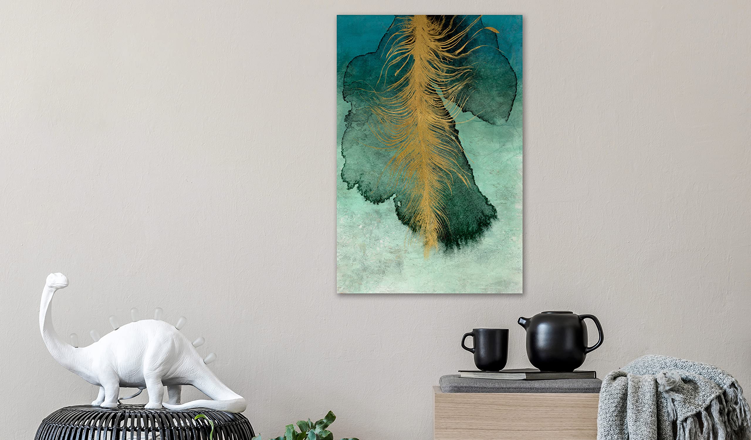Artgeist Acoustic Canvas Wall Art Print - Abstract Soundproof Painting 24x35 Inches with Acoustic Foam - Green Feather Design (1 Piece) - Perfect for Home Theater, Music Studio & Office Soundproofing