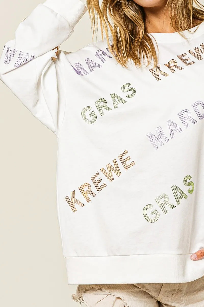 BiBi Rhinestone Mardi Gras Krewe Pullover Sweatshirt - Sparkly Festival Hoodie for Carnival, Costume Parties & Themed Events