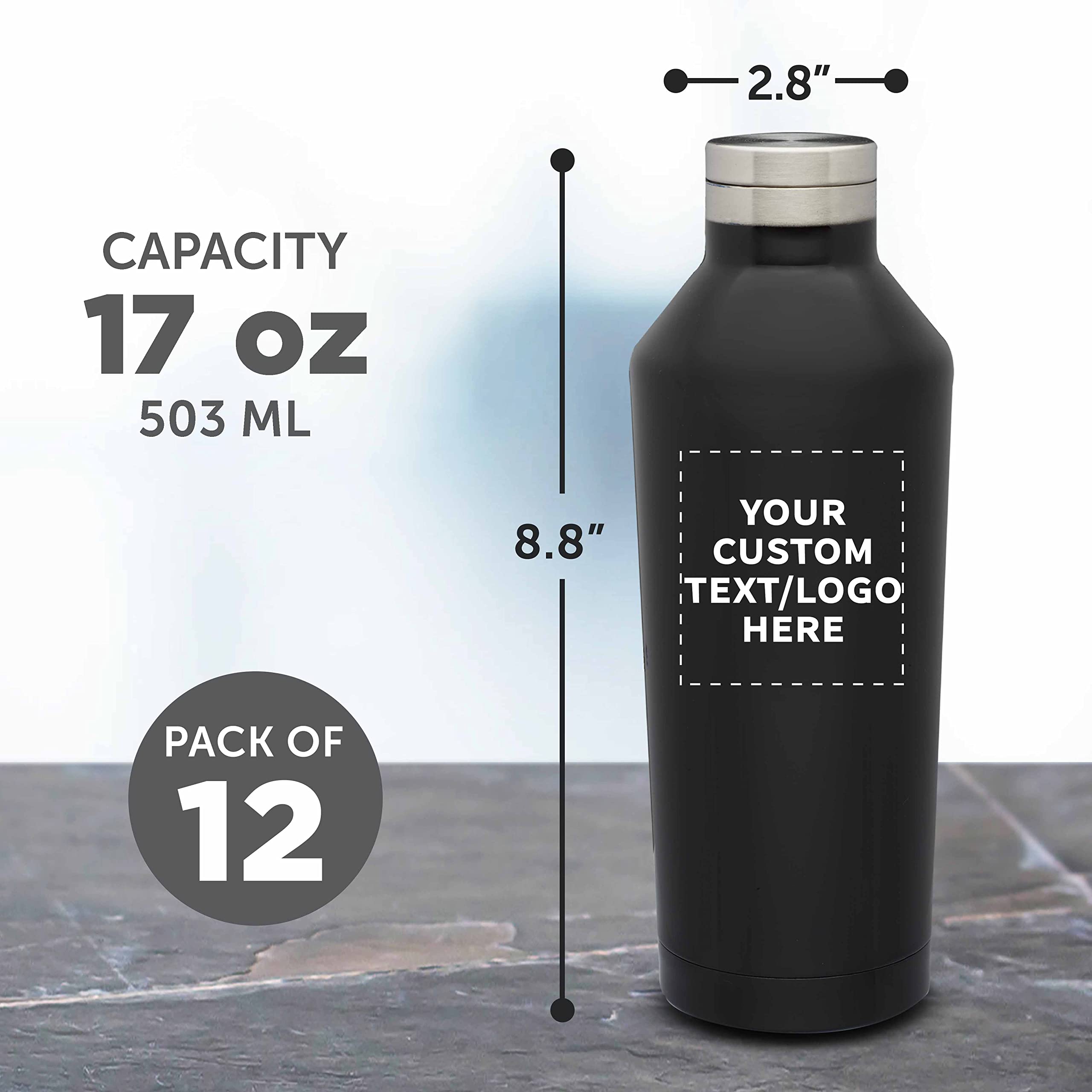 Custom Stainless Steel Water Bottles 17oz (12-Pack) - Double Wall Insulated, Personalized Bulk Drinkware for Coffee, Tea, Soda & Cold Beverages - Black - Perfect for Office, Gym, Camping & Outdoor Activities