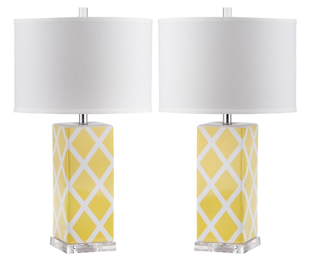 SAFAVIEH Modern Yellow 27-inch Table Lamp Set of 2 with LED Bulbs - Contemporary Garden Lattice Trellis Design for Bedroom, Living Room, Home Office & Nightstand Lighting