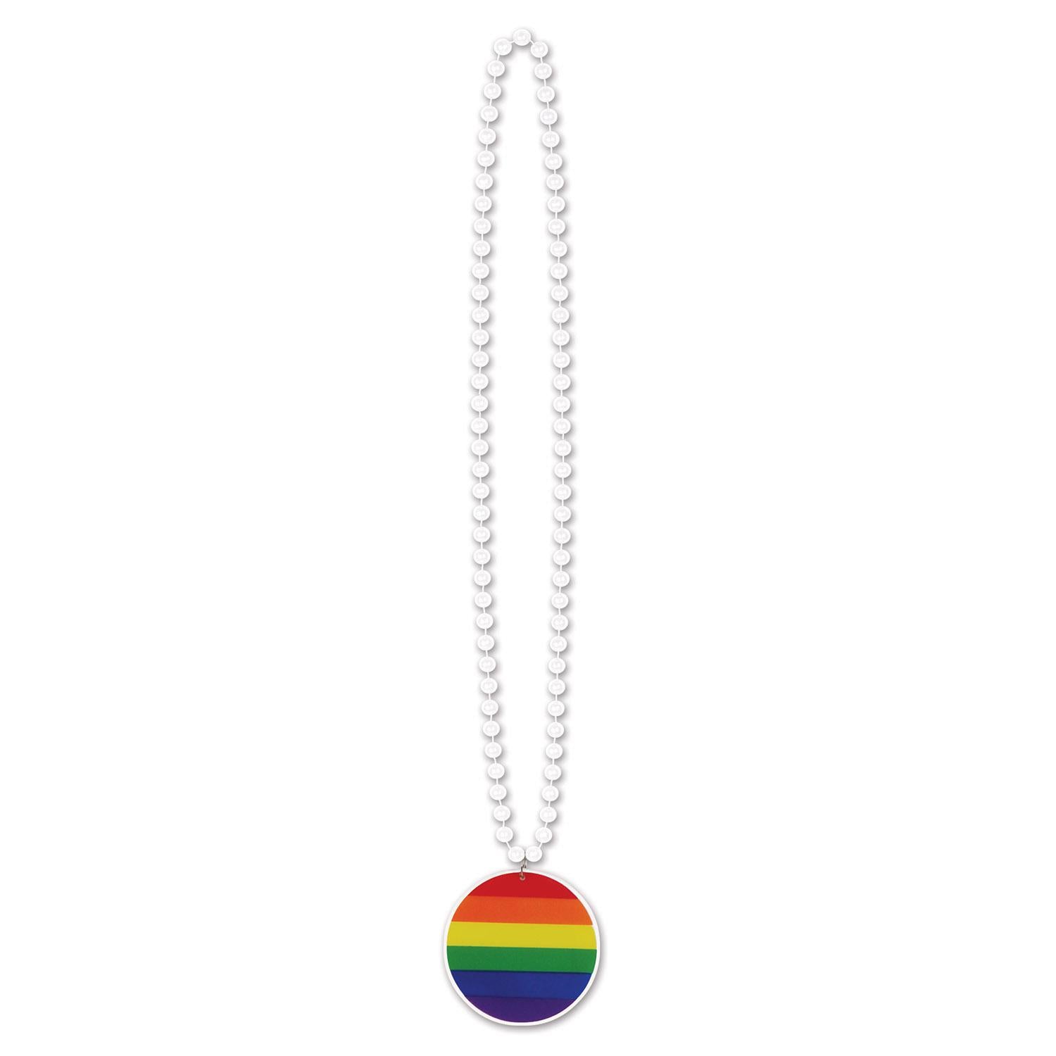 12 Pack Beaded Necklaces with Rainbow Medallions - Colorful Party Favors for Mardi Gras, Pride Parade & Costume Accessories