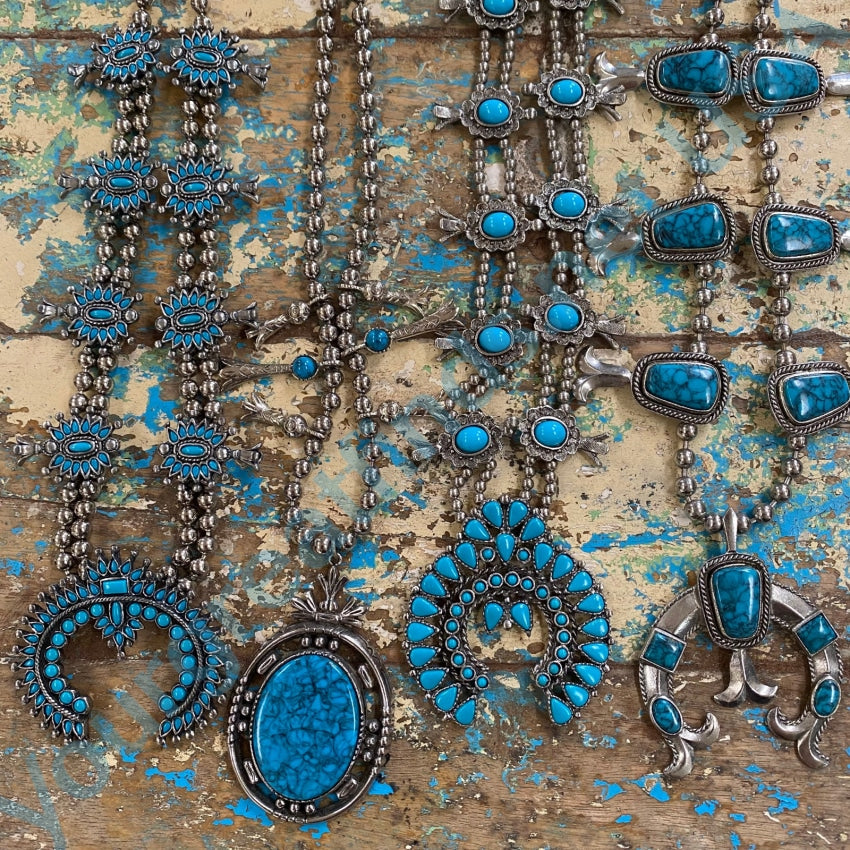 Vintage Silver Faux Turquoise Squash Blossom Necklace - Southwest Style Jewelry for Women | Boho Chic Accessory for Festivals, Parties & Everyday Wear