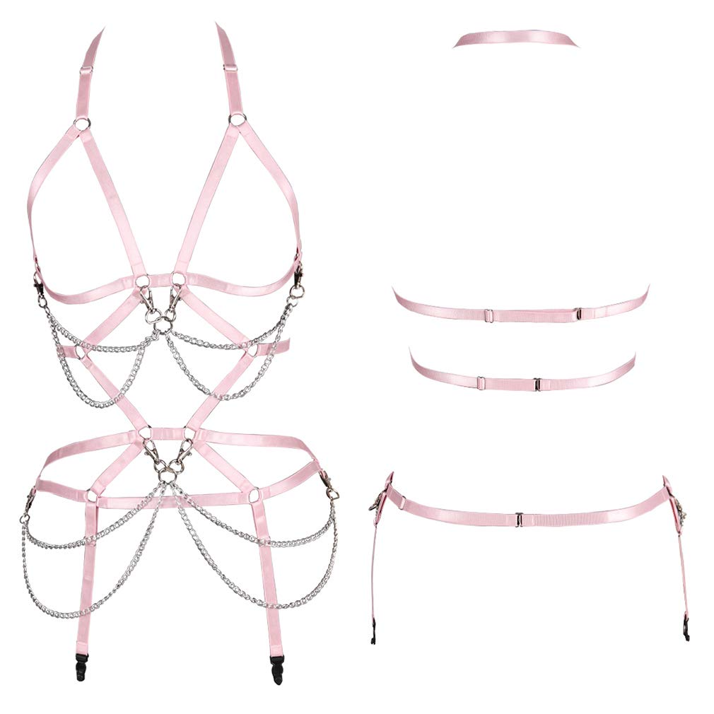 Women's Gothic Punk Lingerie Set - Full Body Harness Bra & Garter with Stretchy Fabric for Rave, Festival & Boudoir - Sexy Cage Belt & Body Chain for Women