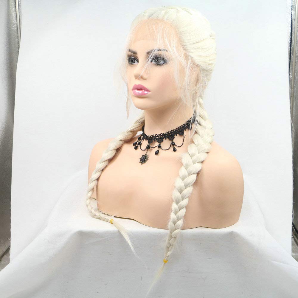 Natural Looking Long Braids Wigs for Women - Hand-Tied Double Braided Synthetic Lace Front Wig with Baby Hair - 60# White Blonde - Perfect for Daily Wear, Cosplay, and Protective Hairstyles