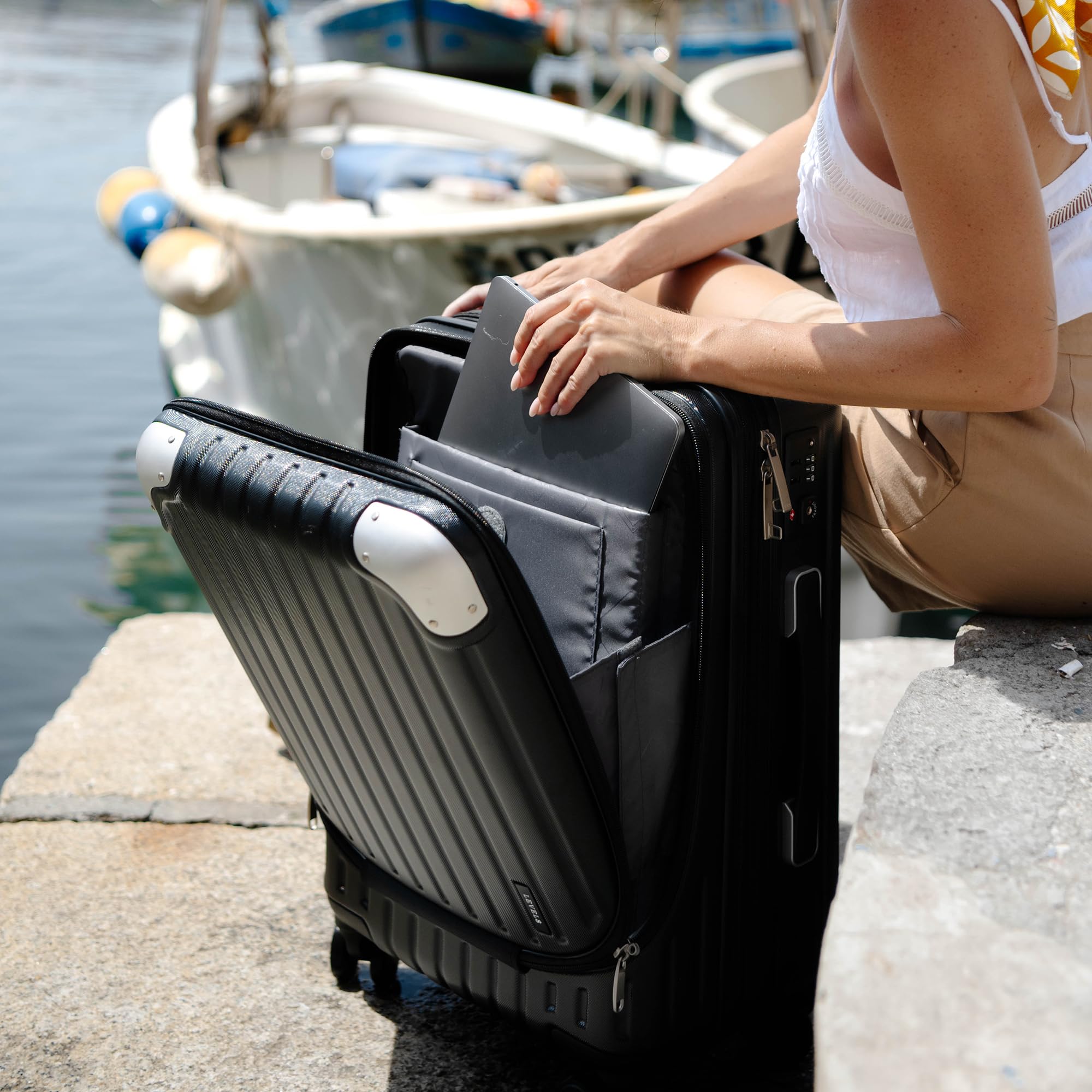 LEVEL8 Grace 20 Inch Expandable Hard Shell Carry-On Luggage with Front Compartment, TSA Lock & Smooth Wheels - Lightweight Airplane Suitcase for Business Travel & Weekend Getaways (Black)