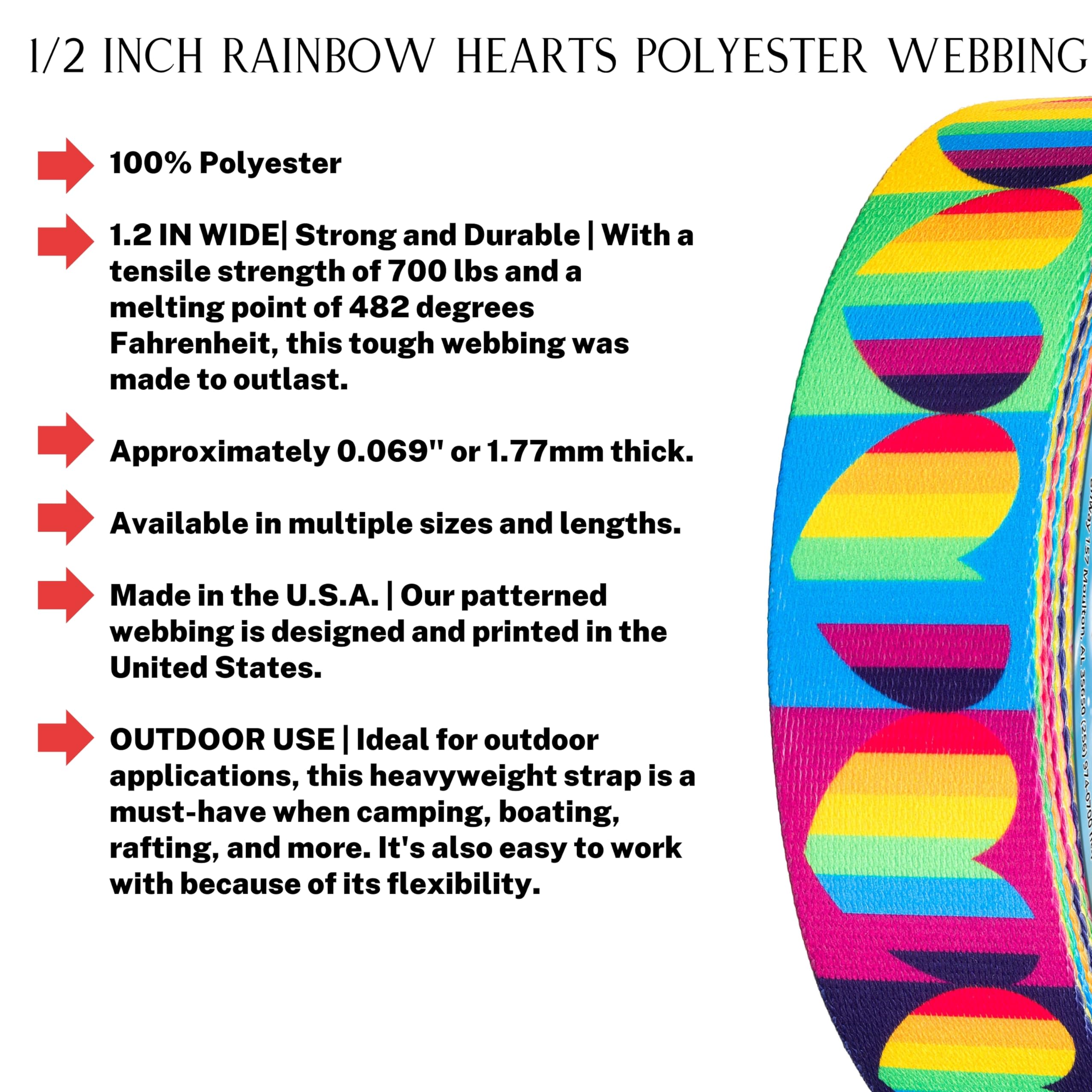 Country Brook Design - Rainbow Hearts Polyester Webbing for DIY Crafts, Sewing Projects & Fashion Accessories | Perfect for Scrapbooking, Hair Bows & Gift Wrapping