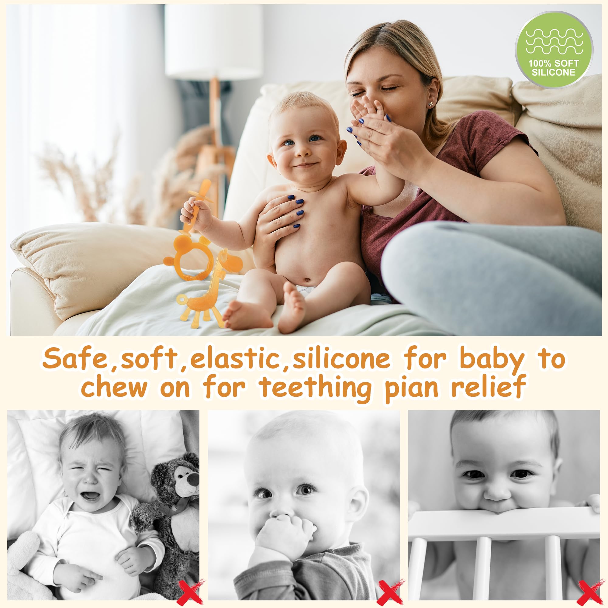Organic Amber Baby Teething Toys Set of 6 - BPA Free Soft Silicone Teethers for Infants 0-12 Months, Soothing Sore Gums Relief - Freezer Safe, Textured Chew Toys for Boys & Girls | Perfect for Home, Travel & Daycare Use