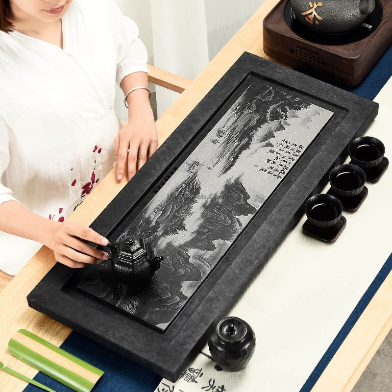 Handcrafted Black Stone Tea Tray with Exquisite Landscape Carvings - Perfect for Chinese Tea Ceremony, Home Decor & Zen Meditation Spaces