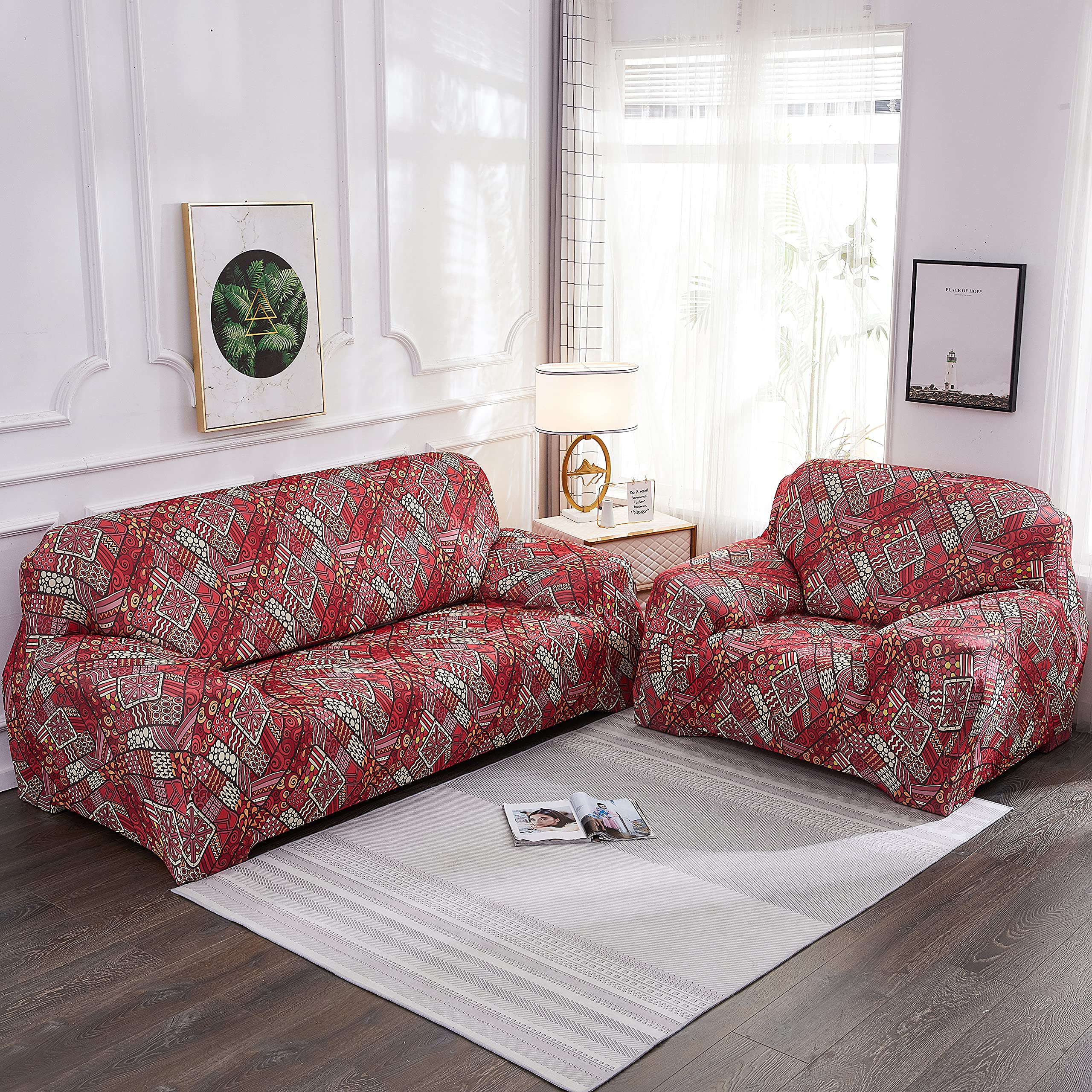 ELEOPTION L-Shaped Stretch Sofa Cover Set - 2-Piece Printed Sectional Couch Slipcover for Pets & Kids, Soft & Durable (Red Pink, Single) - Perfect for Living Room, Family Room & Pet-Friendly Homes