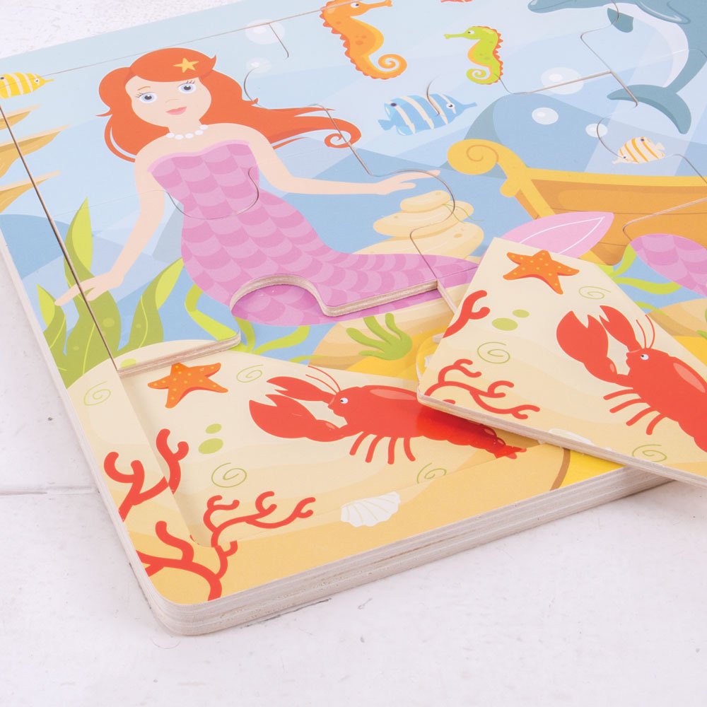 Bigjigs Toys Wooden Tray Puzzle - Mermaid Theme, 24-Piece Educational Puzzle for Kids Ages 3+, Perfect for Preschool Learning, Birthday Gifts & Ocean-Themed Playtime