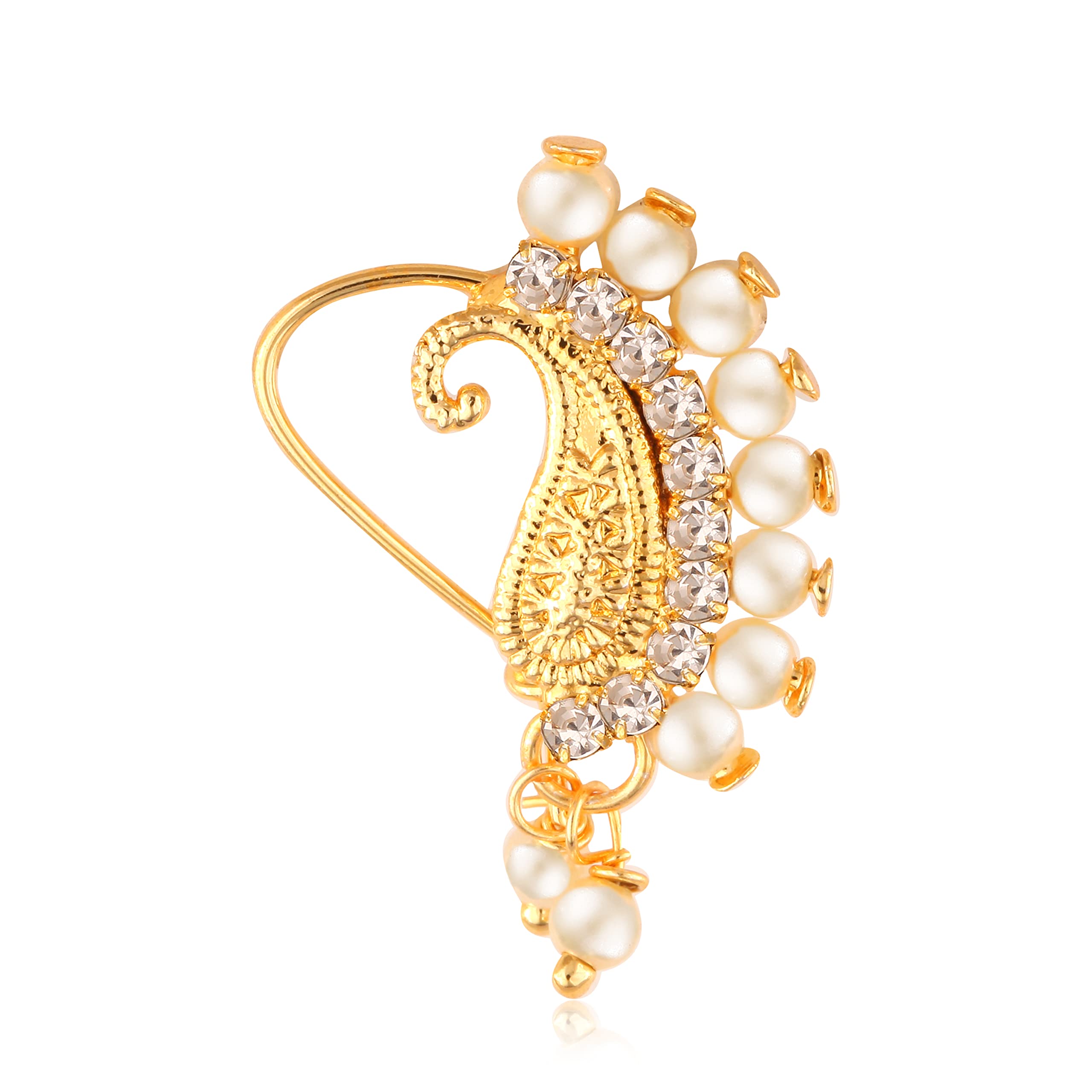 Vighnaharta Gold Plated Alloy Nose Ring with CZ Stones - Traditional Maharashtrian Nath for Women | Valentine's Day Gift for Her, Bridal Jewelry, Indian Wedding Accessory [VFJ1083NTH-TAR-White]