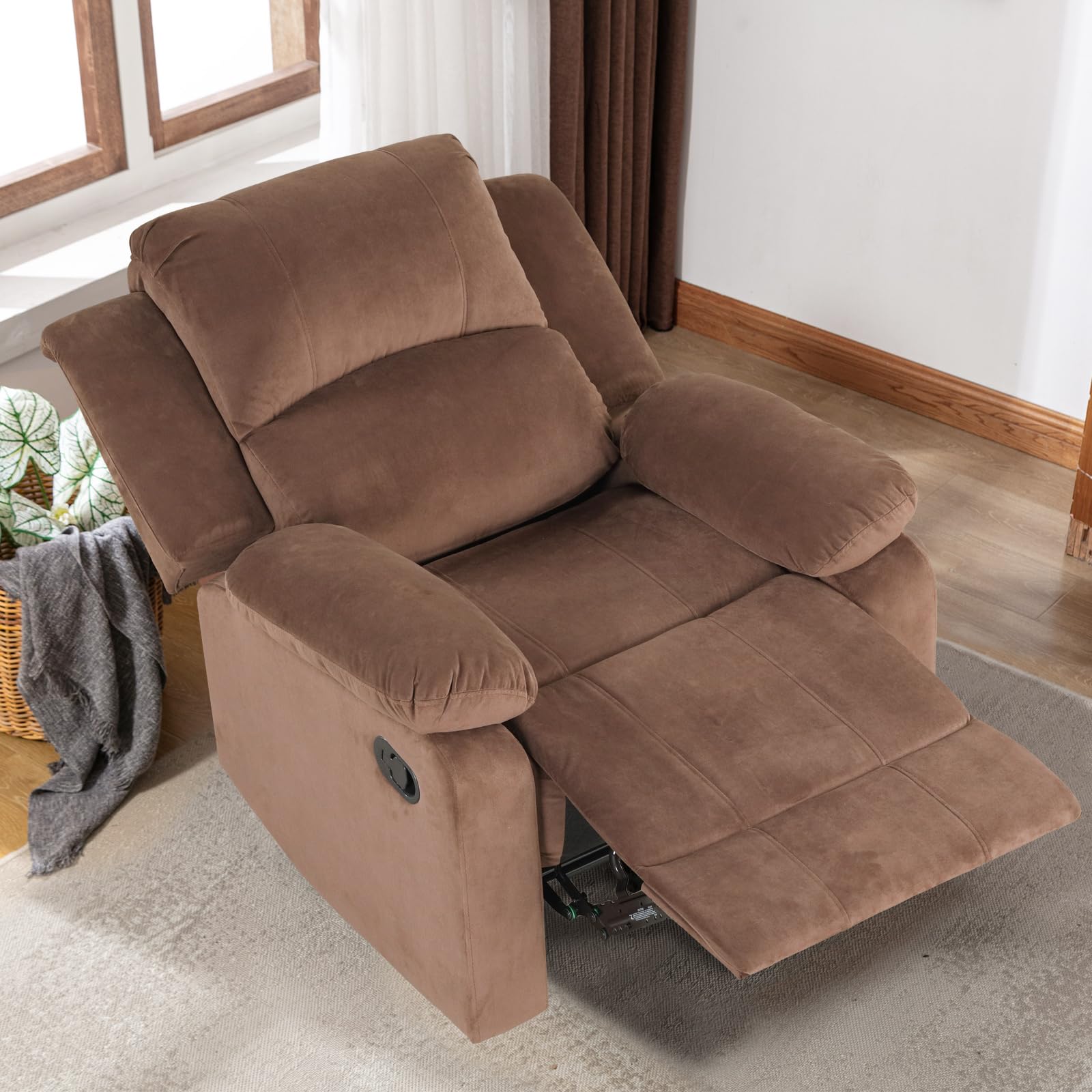 Phoenix Home Fabric Manual Recliner Chair for Adults - Comfortable Overstuffed Arm and Back Reclining Sofa - Living Room Single Seater in Caramel Brown - Perfect for Relaxing, Reading & Watching TV