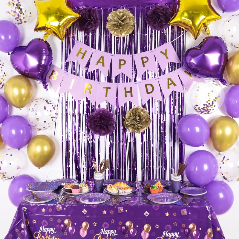 3-Pack Purple & Gold Happy Birthday Tablecloths - 43x70 Inch Disposable Plastic Rectangular Table Covers for Girls & Women | Birthday Party Decorations, Supplies | Perfect for Indoor/Outdoor Celebrations, Baby Showers & Special Events