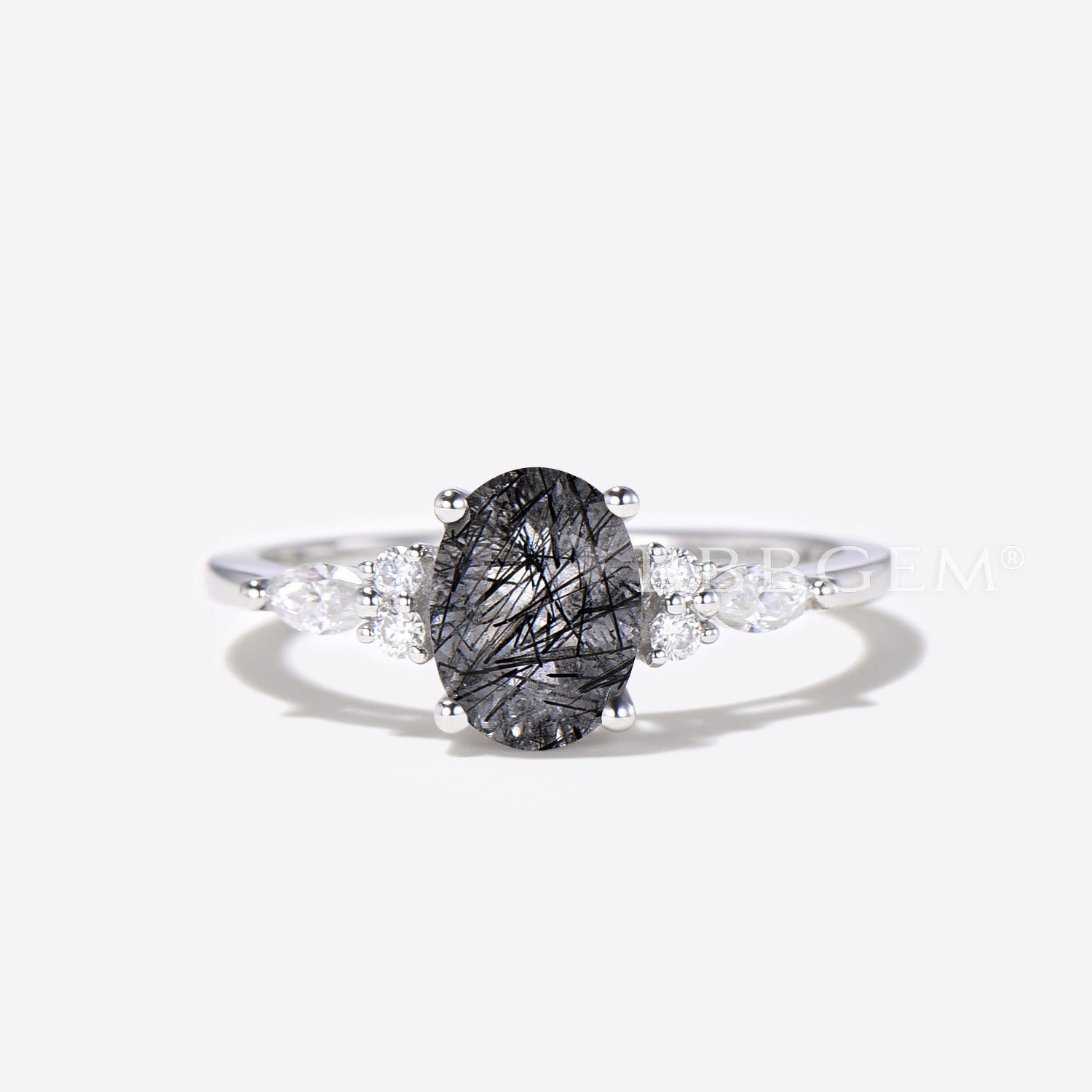 Oval Black Rutilated Quartz Engagement Ring - 14K White Gold Moissanite Bridal Set for Women - Perfect for Weddings, Anniversaries & Romantic Proposals