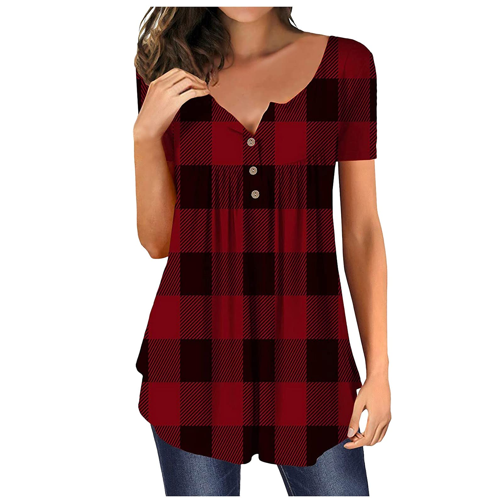 Plus Size Women's Summer Tops - Short Sleeve Button Down Graphic Tee & Flowy Pleated Blouse Tunic | Casual Wear, Beach Outfits, Office Chic