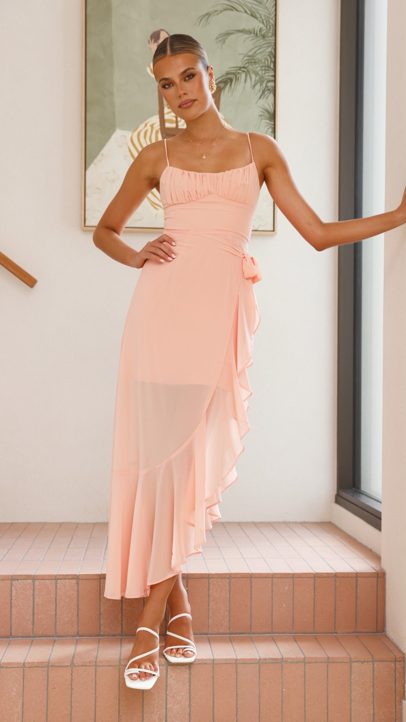 Caliste Midi Dress in Peach - Flowy Summer Dress for Women, Beach Wedding Guest Outfit & Casual Daywear