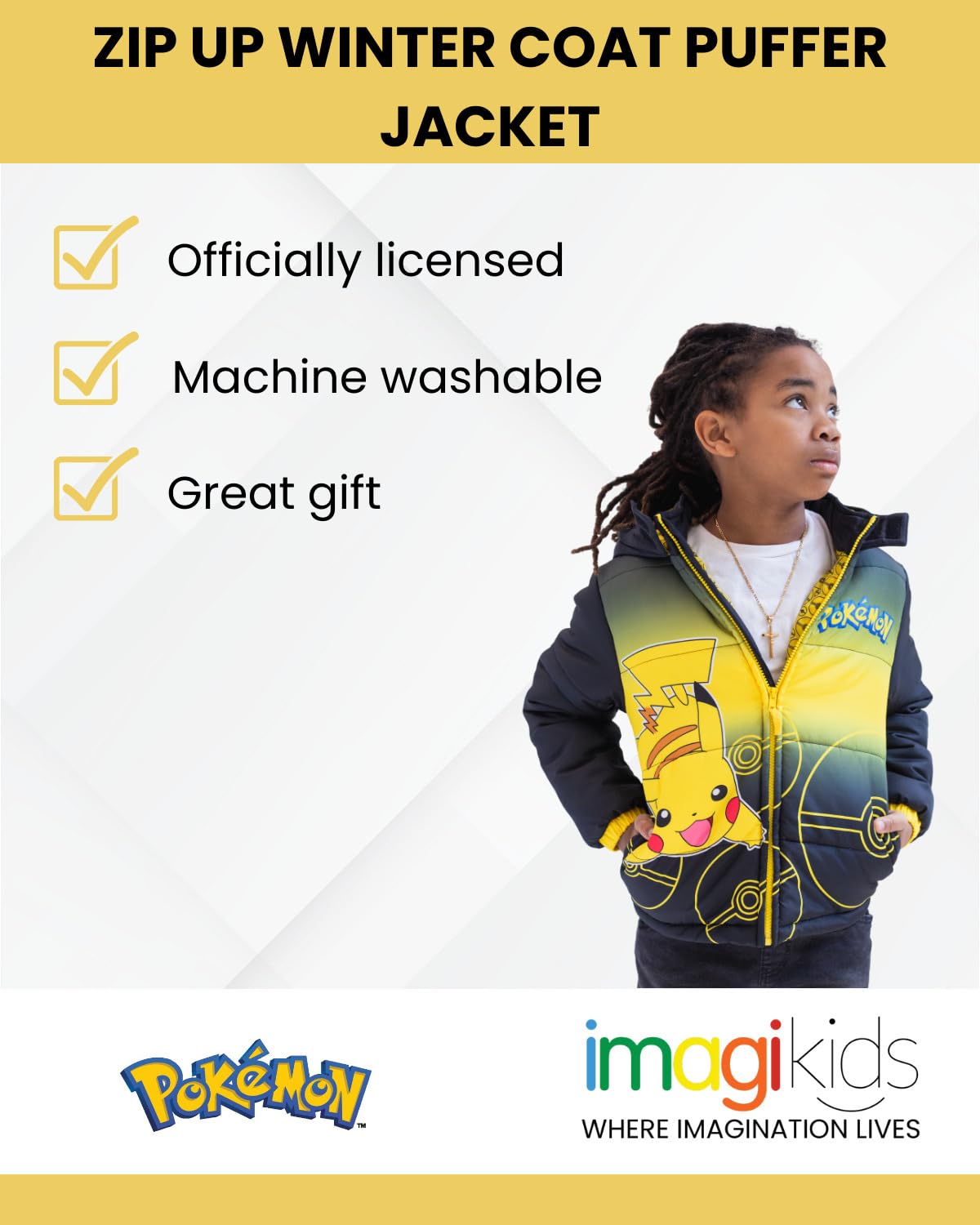 **Pokemon Pikachu Zip-Up Puffer Jacket for Kids - Warm Winter Coat for Boys & Girls (Ages 4-12) - Perfect for Outdoor Play & School**
