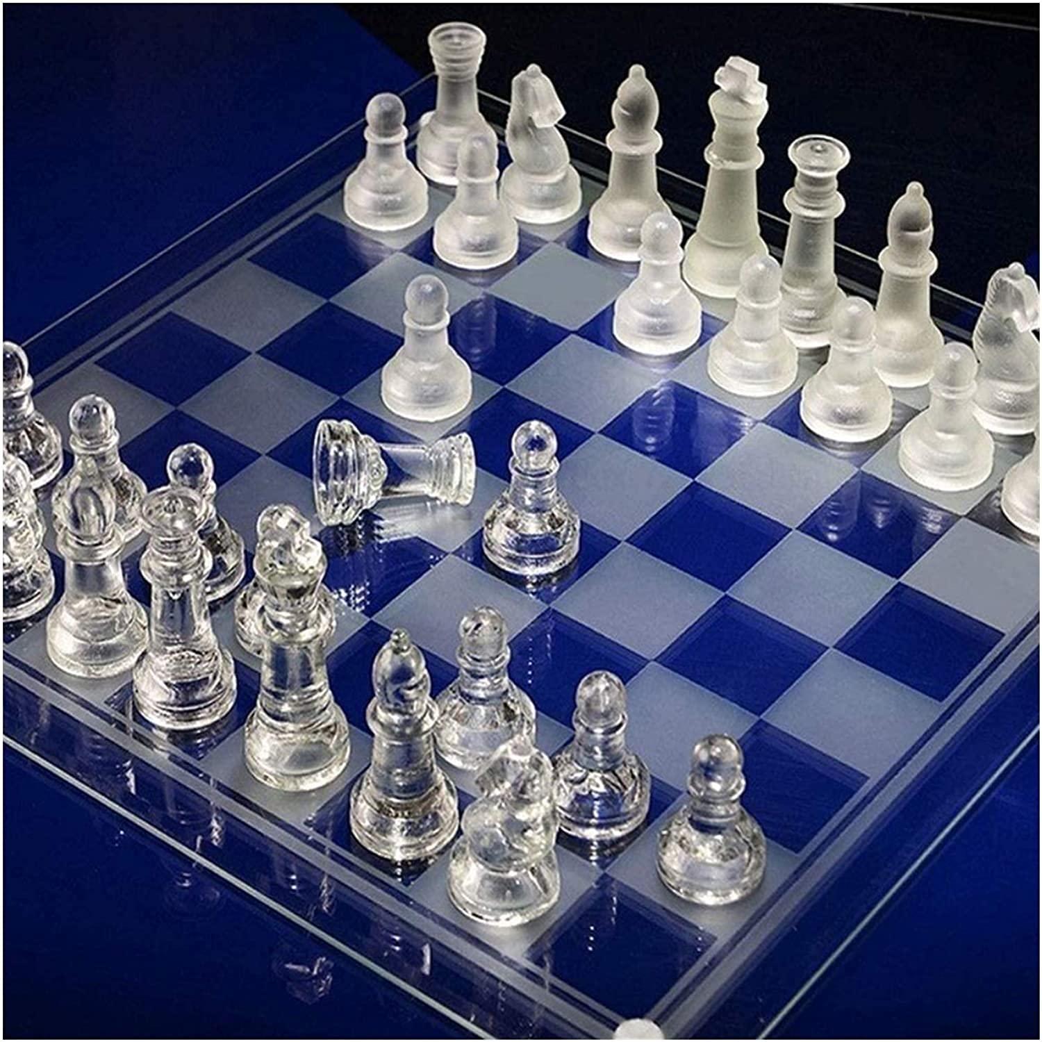 LINGGUANG Portable Glass Chess Set for Adults - Frosted Transparent Chess Board with Clear & Frosted Glass Pieces - Perfect for Travel, Parties, and Family Game Nights