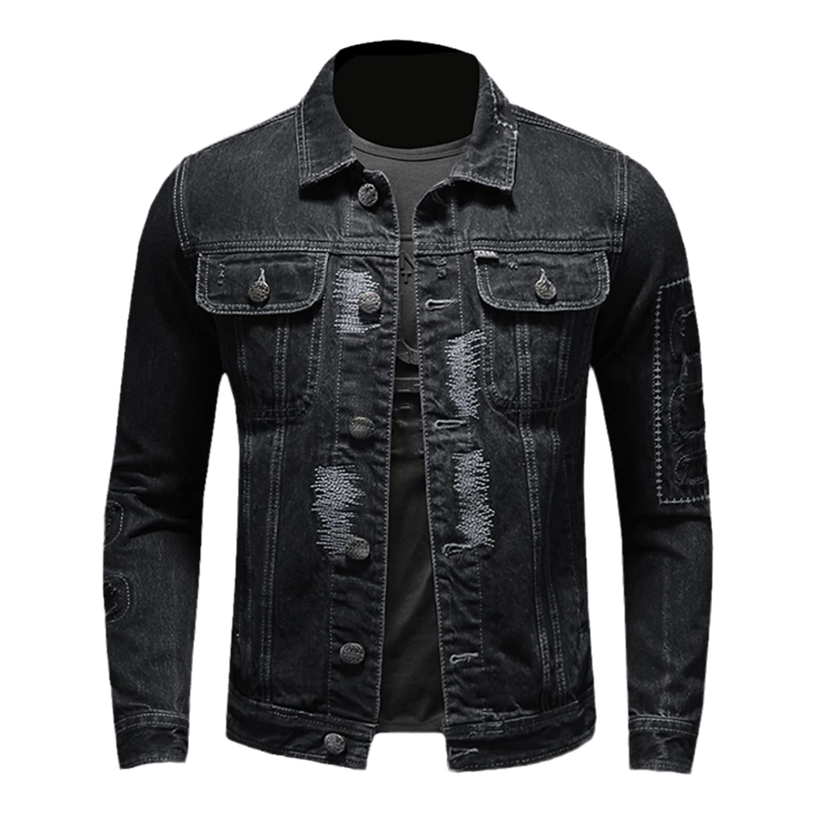 Men's Distressed Denim Jacket with Ripped Holes - Stylish Spring & Autumn Fashion Coat for Casual Outfits, Streetwear & Layering