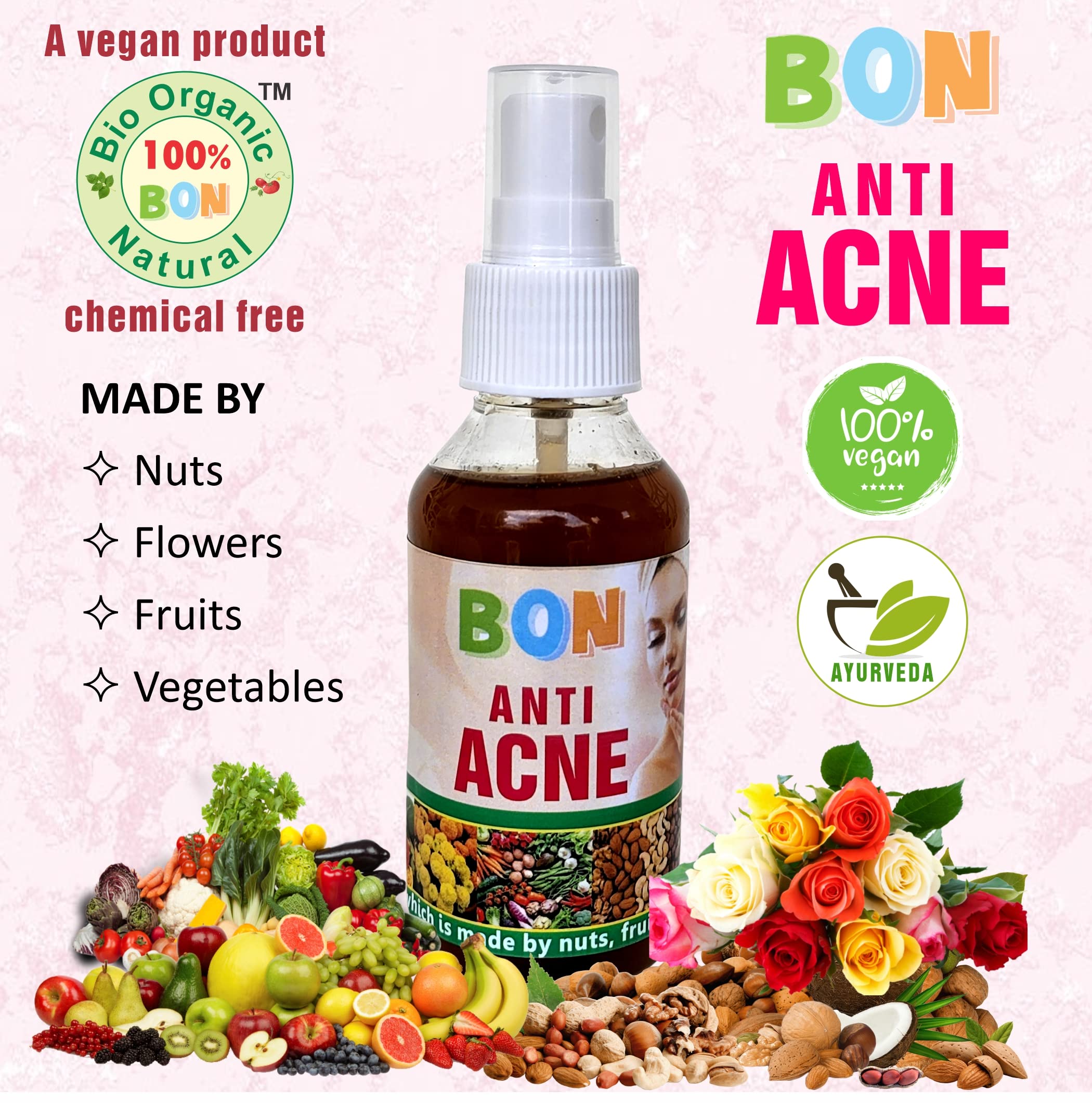 100% BON Bio Organic Natural Anti Acne Treatment - Chemical Free & Fragrance Free for Acne, Blackheads & Whiteheads | Vegan, Safe & Side Effect Free | Perfect for Daily Skincare & Sensitive Skin Care Routine