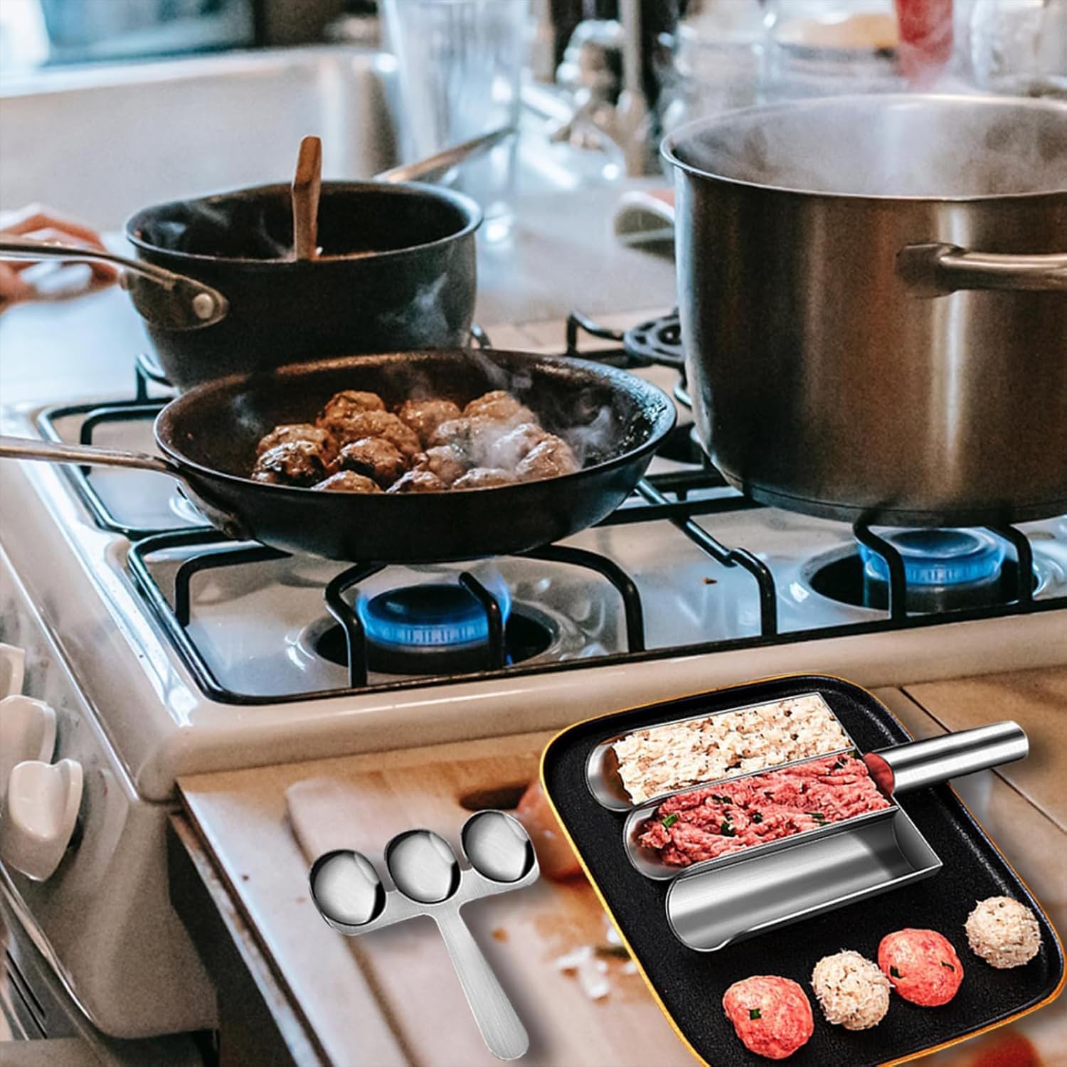 Triple Meatball Maker - Stainless Steel Kitchen Tool for Perfect Meatballs, Scoop & Mold (3 Tubes) | Ideal for Home Cooking, Meal Prep & Party Food