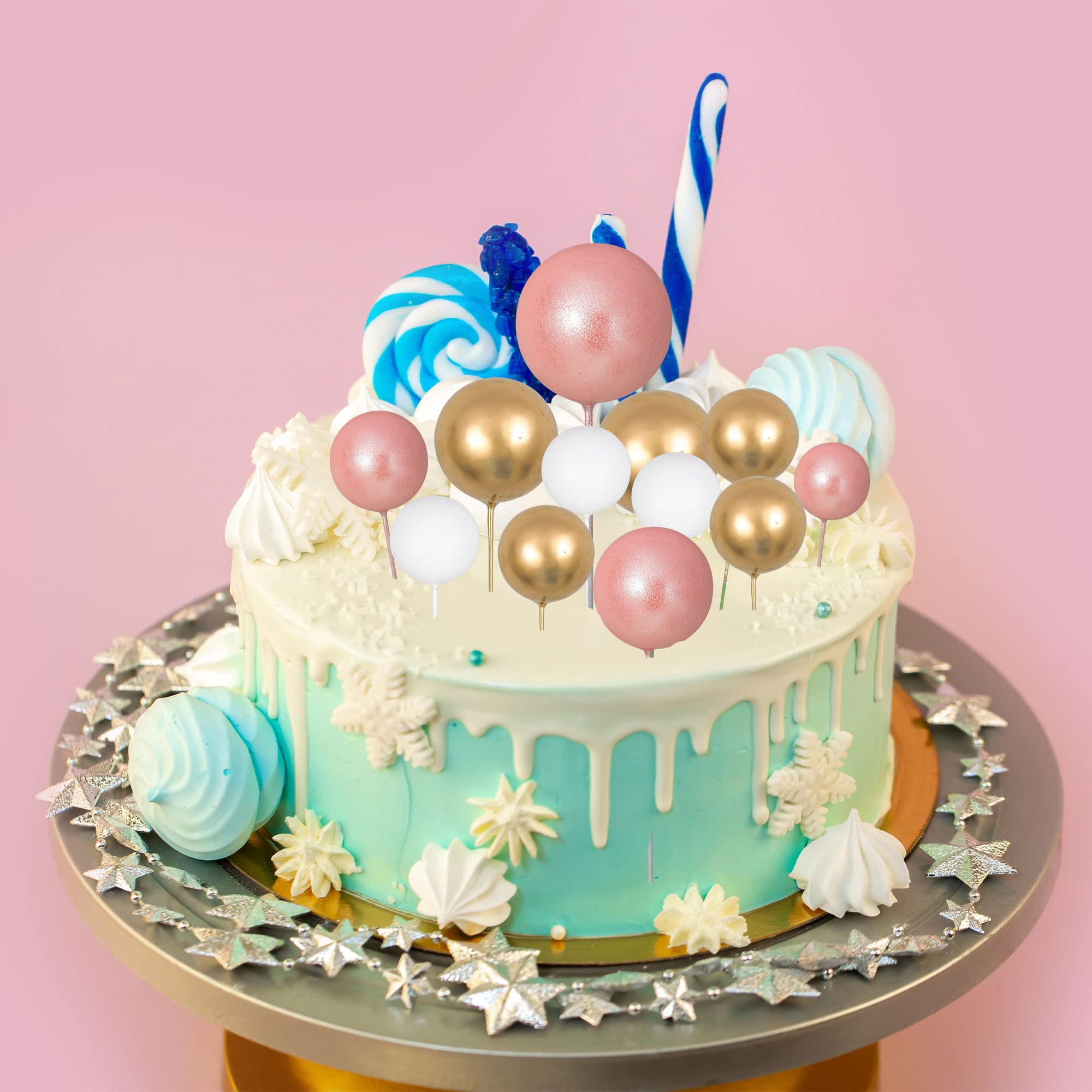30Pcs Mini Balloon Cake Toppers - Rose Gold & White Gold Foam Ball Cake Decorations for Birthday Party, Baby Shower, Wedding & Anniversary Celebrations - Perfect for DIY Dessert Decor and Special Event Centerpieces