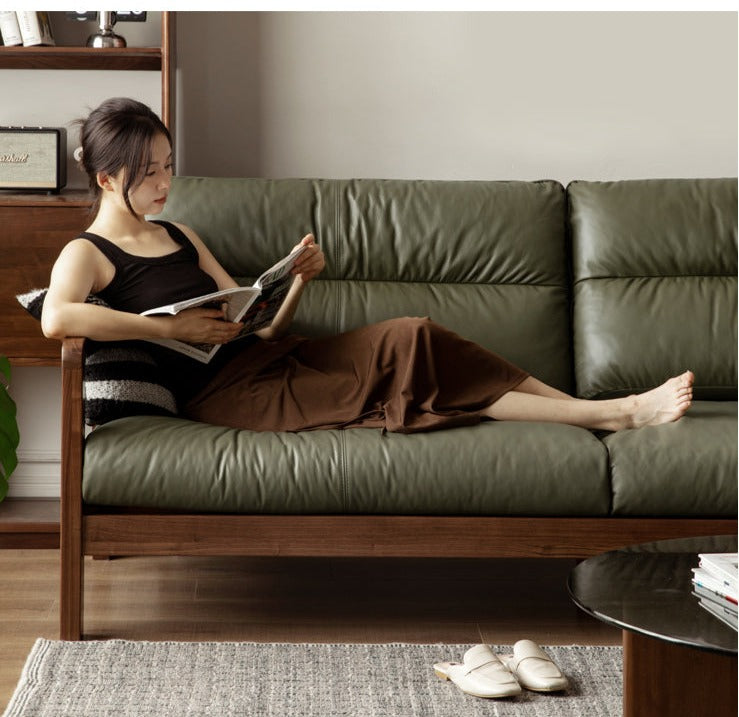 Premium Black Walnut Solid Wood Leather Sofa - Modern Luxury Living Room Furniture for Home & Office (Perfect for Lounging, Entertaining & Relaxing)
