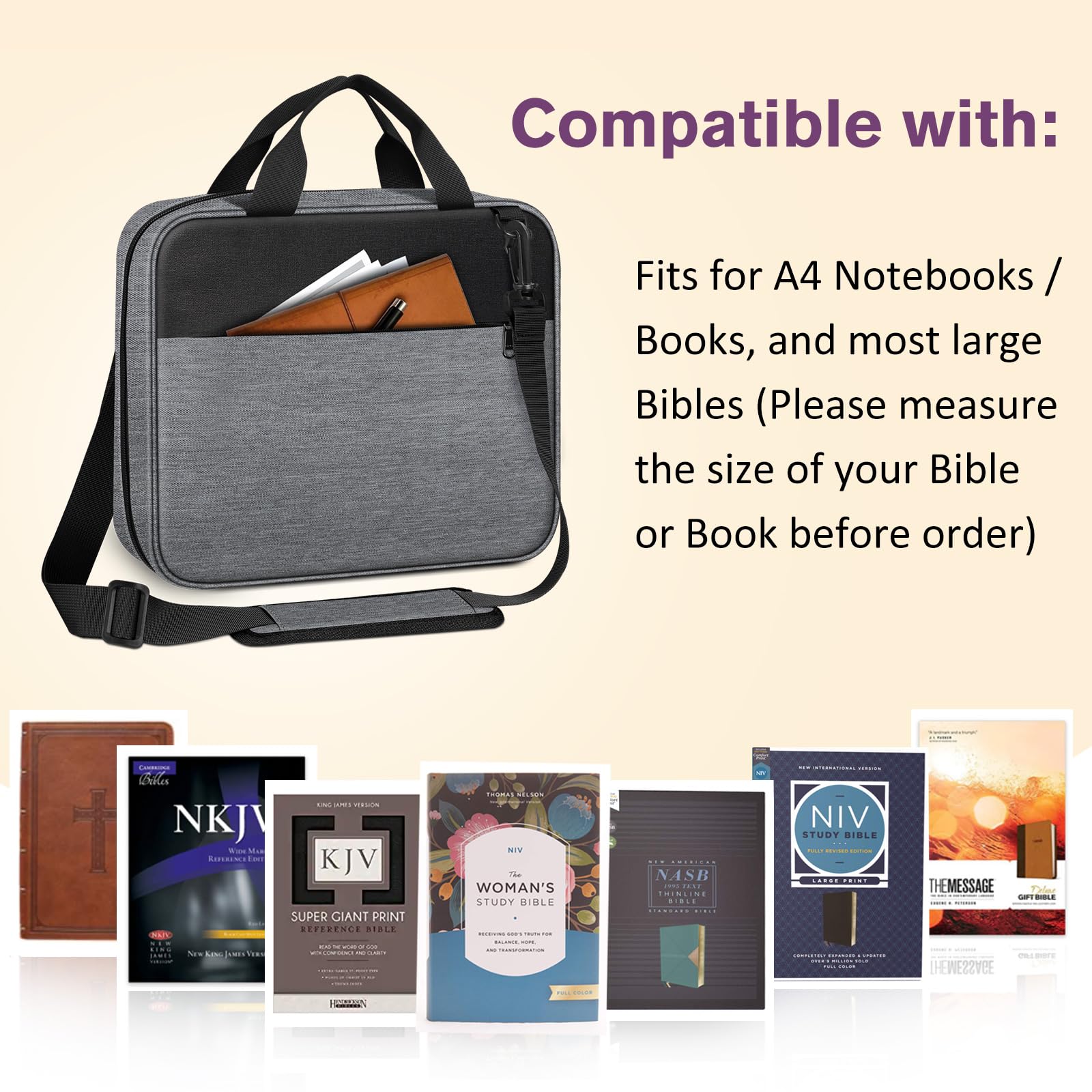 FINPAC Extra Large Bible Cover with Detachable Shoulder Strap & Zippered Pocket - Durable Church Book Bag for Bible Protection - Perfect Gift for Men & Women (Gray) - Ideal for Church, Travel & Daily Bible Study
