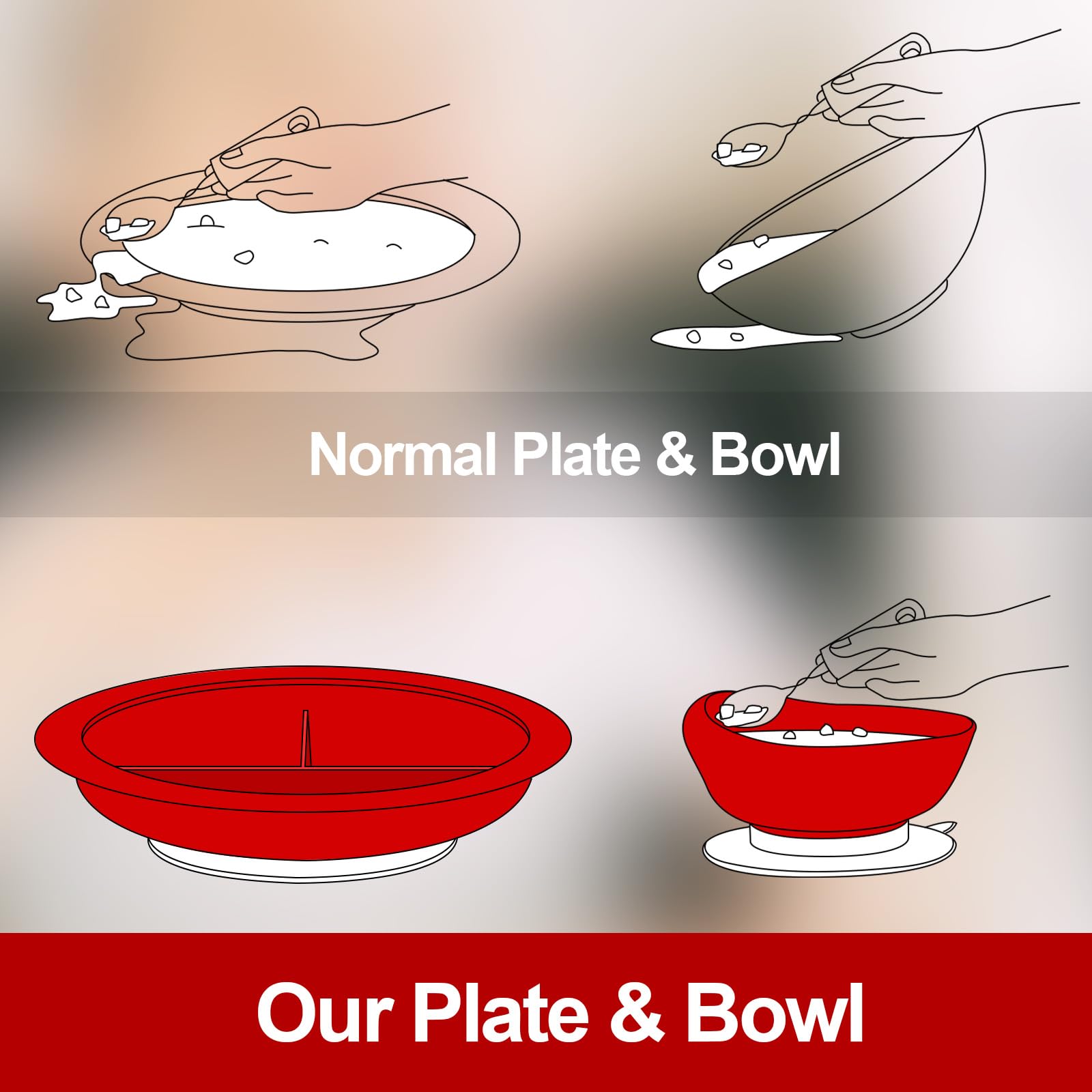 Maxcheck 7-Piece Spill-Proof Scoop Bowl & Divided Plate Set with Suction Base | Non-Slip Weighted Adaptive Utensils | Elderly & Disabled Self-Feeding Dinnerware | Ideal for Assisted Living & Home Care