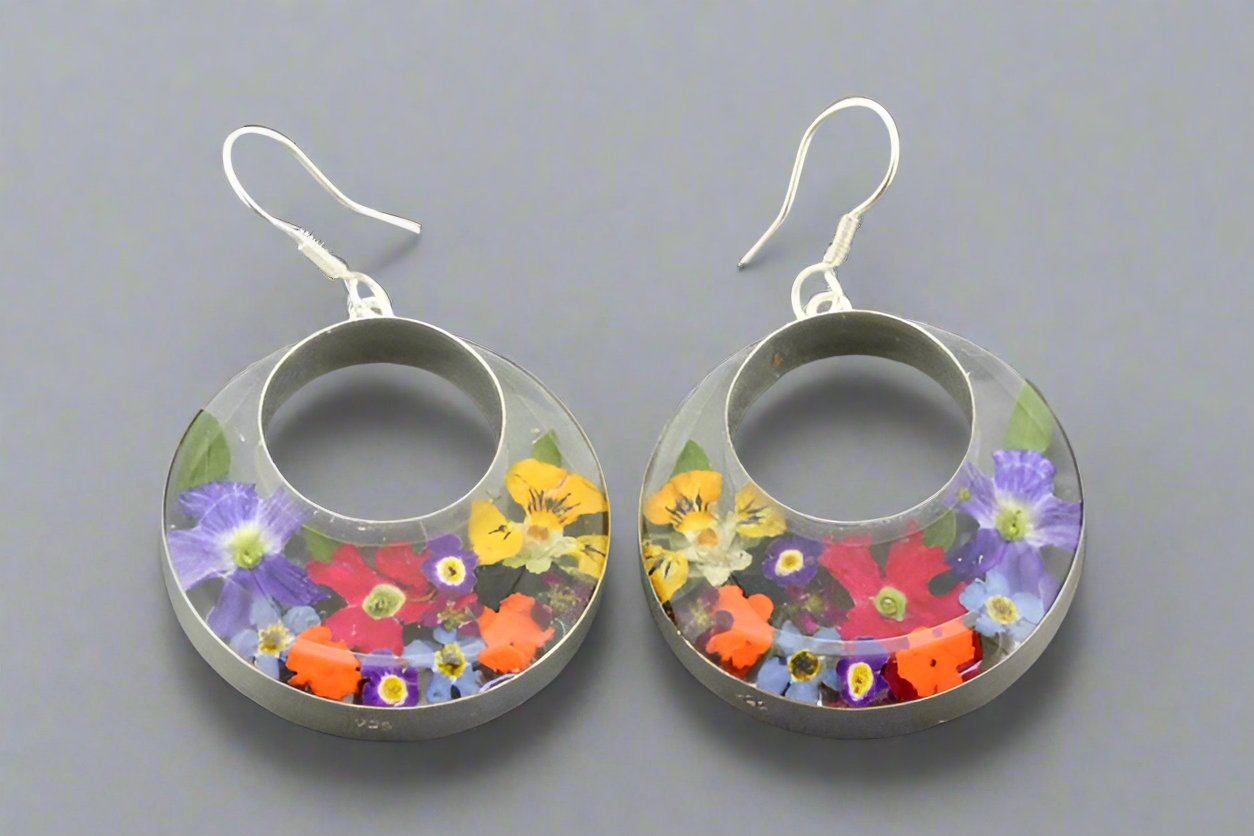 Handmade Resin Flower Earrings - Large Cutout Circle Dangle Earrings for Women | Boho Chic Jewelry for Parties, Weddings & Everyday Wear