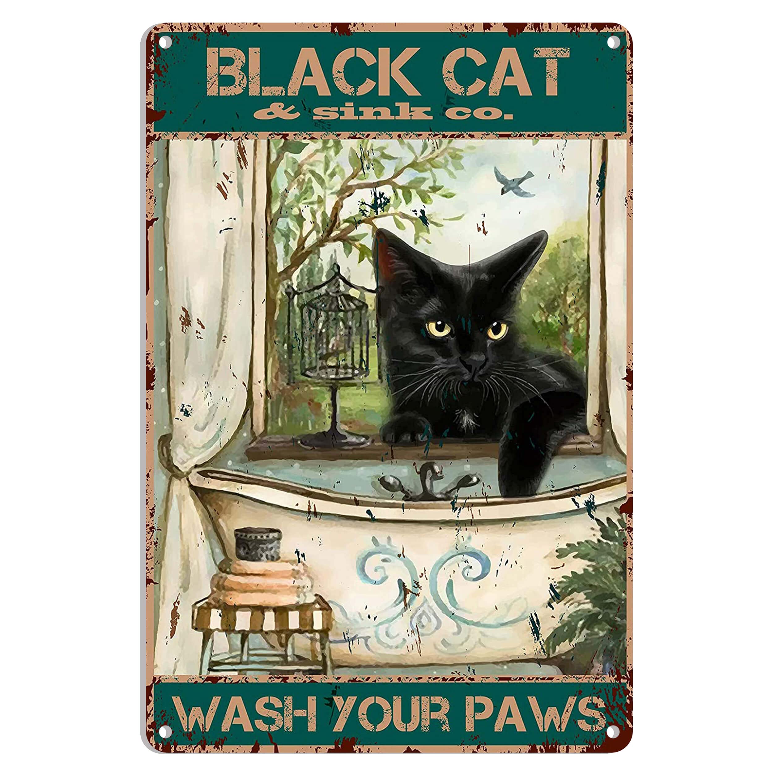 Funny Bathroom Quote Metal Sign - Vintage Tin Wall Decor for Home, Office & Classroom - 8x12 Inch Black Cat Wash Your Paws Sign - Perfect Gift for Cat Lovers & Bathroom Humor