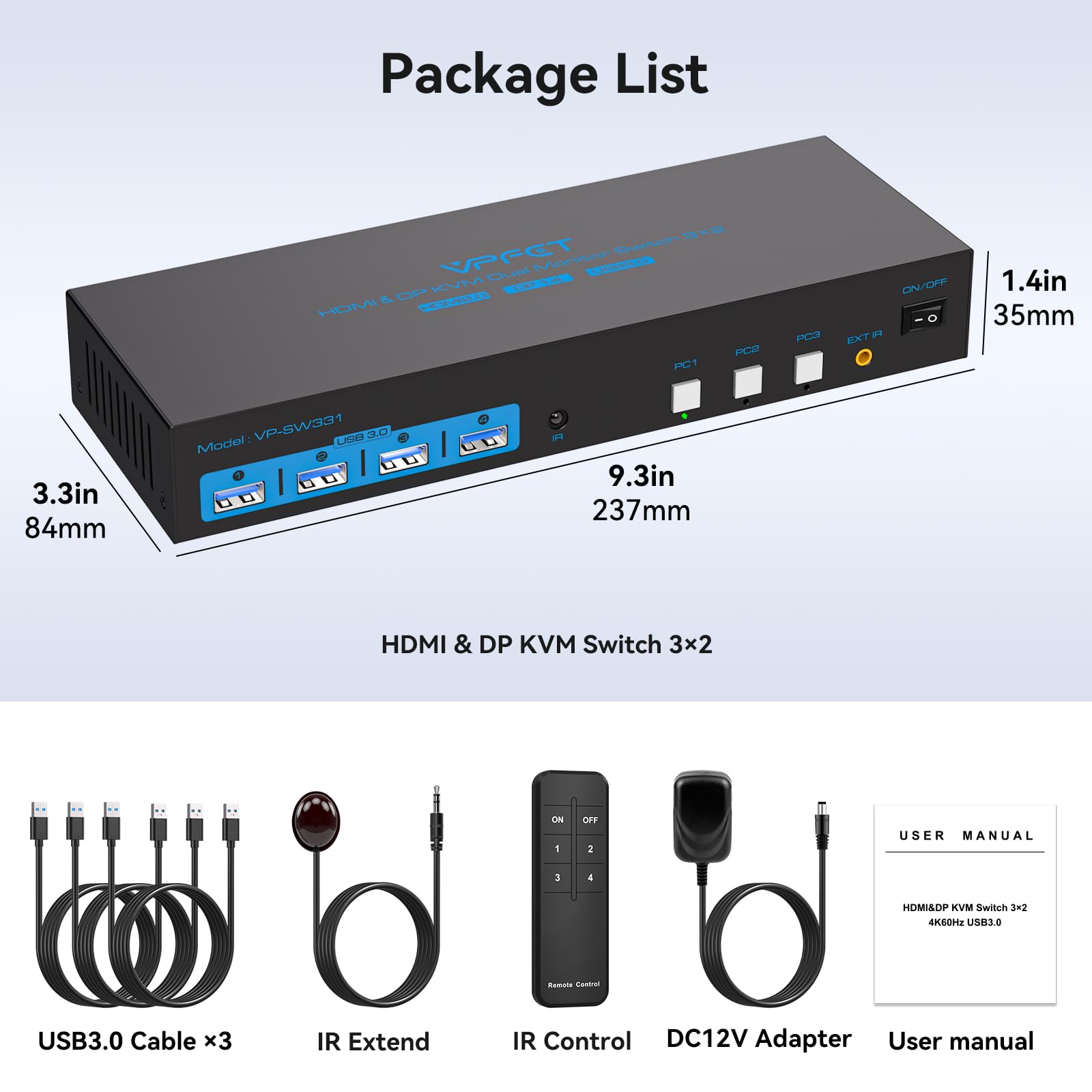 Premium 8K/4K HDMI 2.0 & DisplayPort 1.4 KVM Switch for 3 Computers - Dual Monitor Sharing with USB 3.0 Hub | Control Keyboard, Mouse, Printer & USB Devices | Includes 2 USB Cables | Ideal for Home Office, Gaming Setup & Multi-PC Workstations