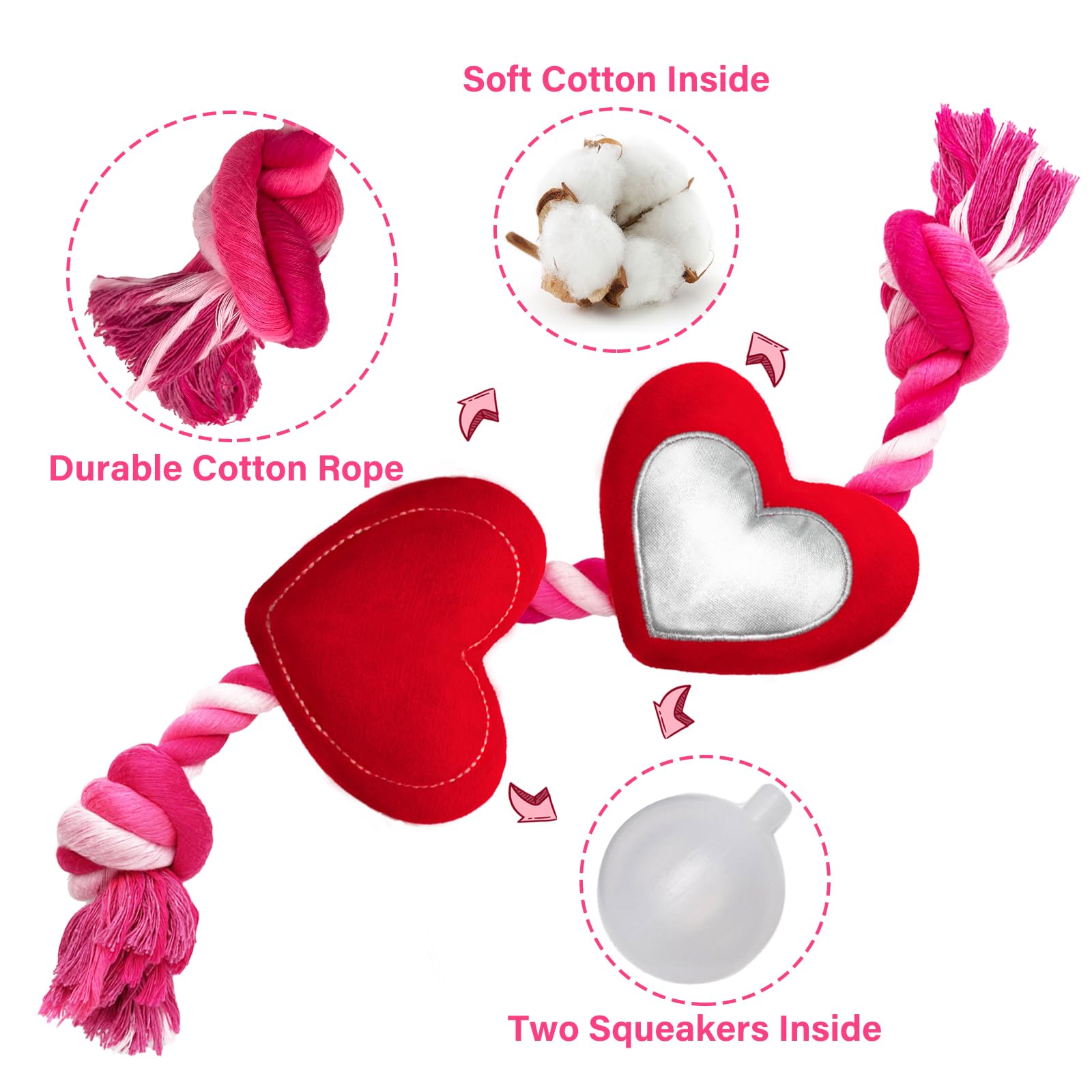 Valentine's Day Dog Toys - Durable Rope & Plush Squeaky Heart Dog Chew Toy for Tug of War | Perfect Valentine Gift for Small & Medium Dogs | Great for Playtime, Training & Bonding with Your Pet