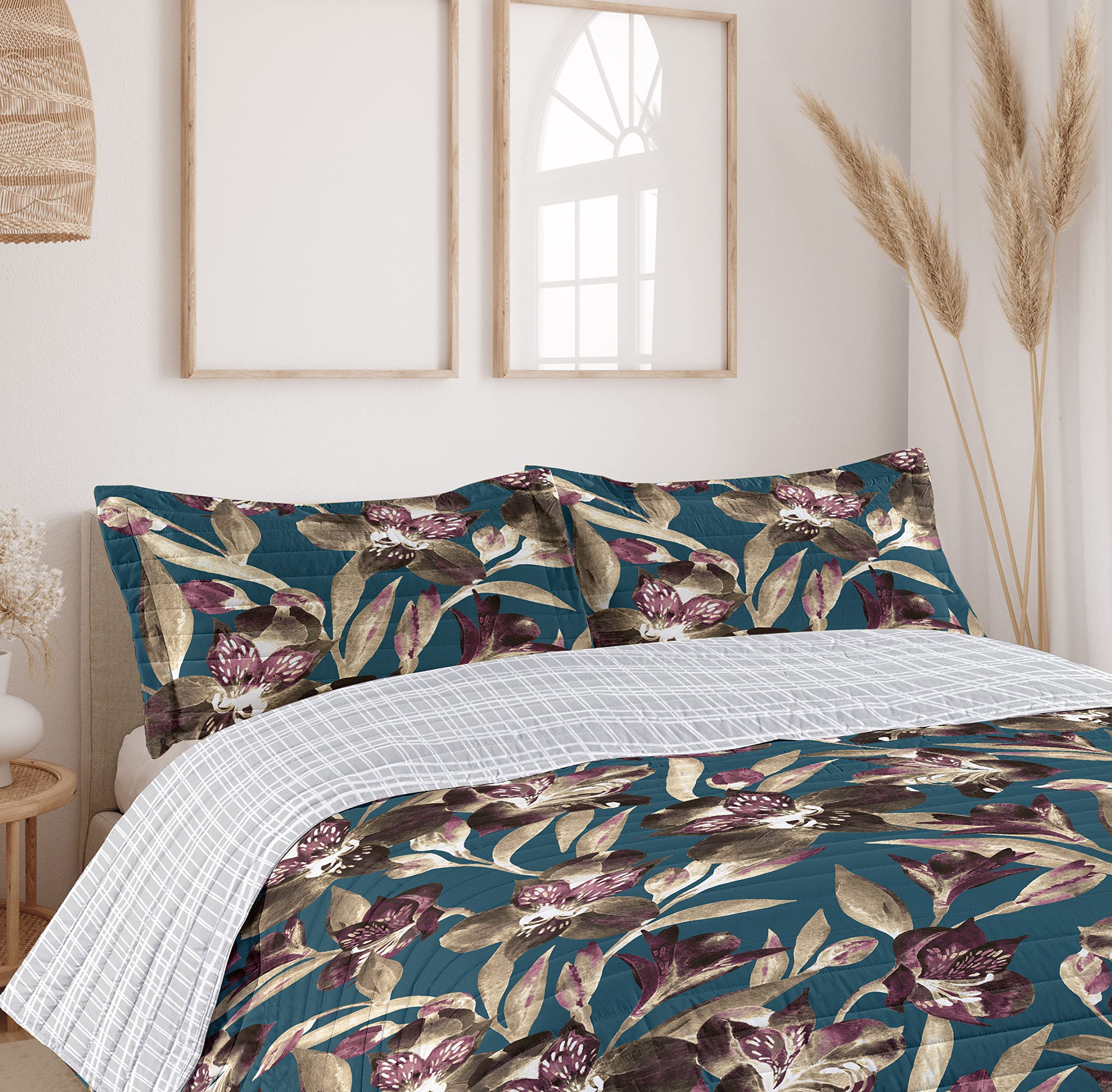 Ambesonne Reversible King Size Bedspread Set - Tropical Jungle Butterfly Design, Microfiber Comforter & Pillow Shams, Dark Teal | Perfect for Spring Bedroom Decor, Guest Room Makeover, and Boho Chic Home Styling