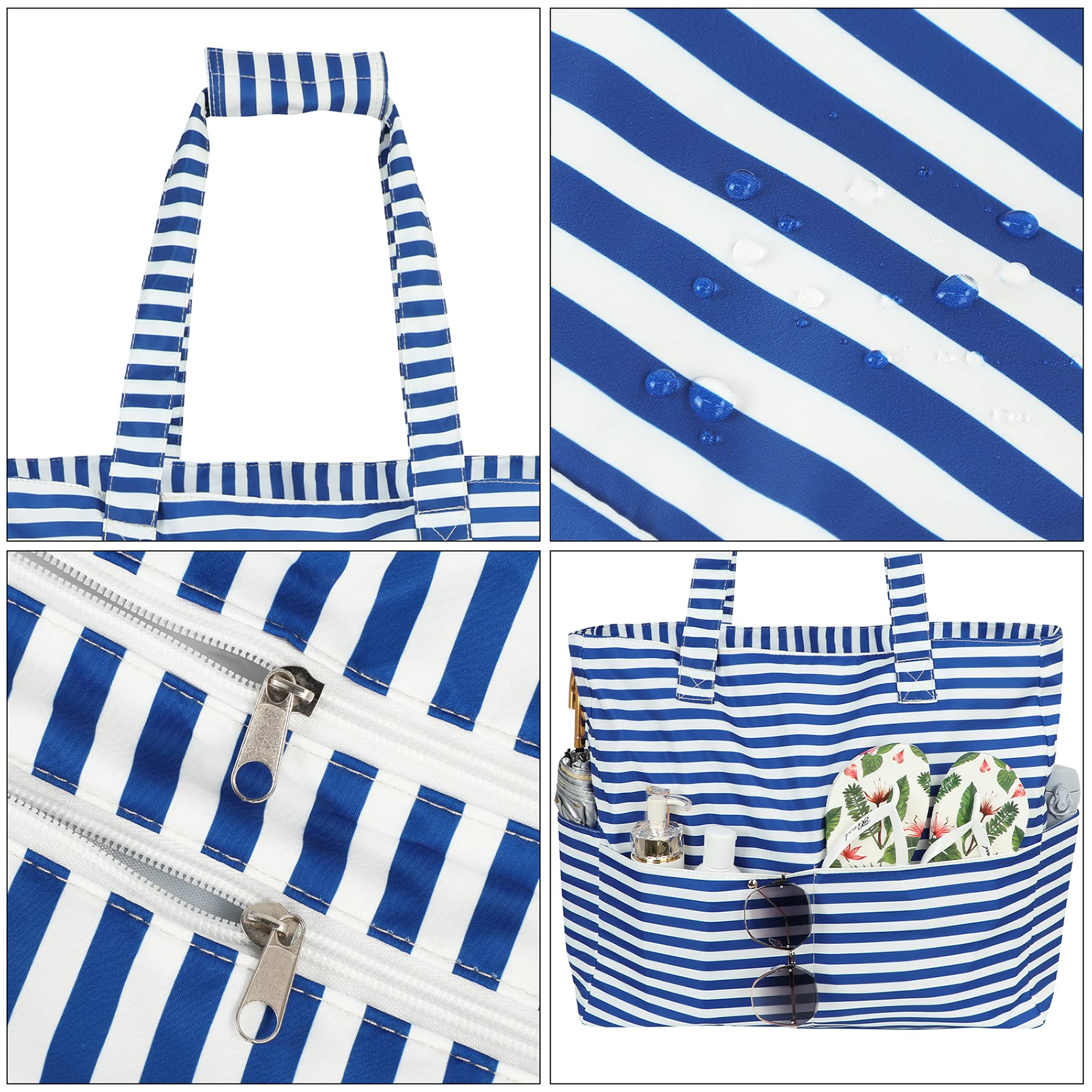 Waterproof Beach Bag for Women & Girls - Large Duffle Tote with Pockets - Cute Weekender Travel Bag - Essential for Beach Vacations, Family Trips & Kids - Blue Stripe Design - Perfect for Pool, Gym & Outdoor Adventures
