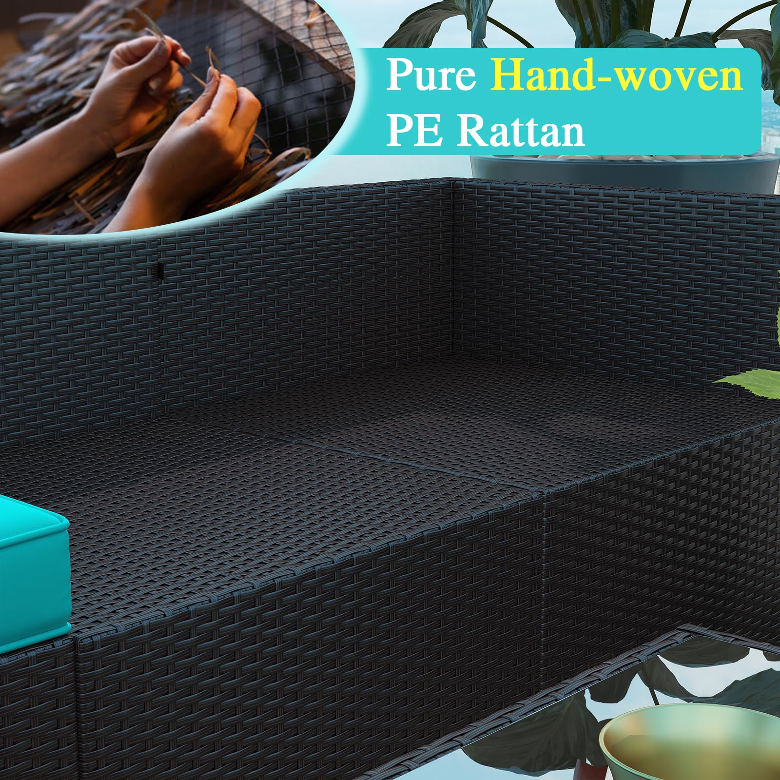 **Kinfant 7-Piece Outdoor Patio Furniture Set - Rattan Sectional Sofa with Coffee Table & Washable Cushions - Blue Wicker Conversation Set for Porch, Poolside, Backyard & Garden Relaxation**