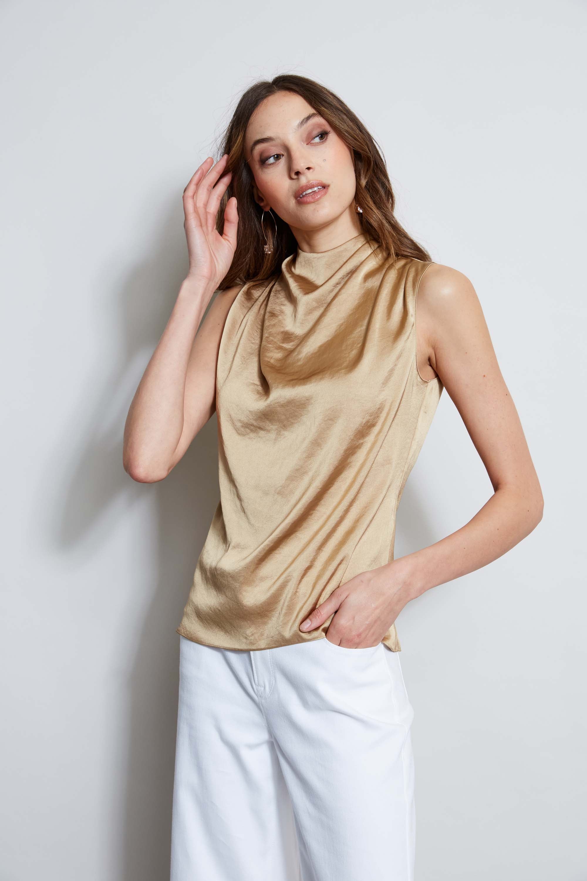 Elegant Satin Draped Neck Blouse for Women - Trendy Party & Evening Wear - Perfect for Date Nights, Cocktail Parties & Special Occasions