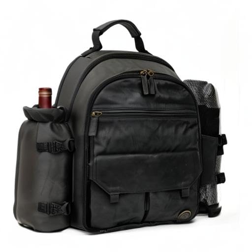 Premium Genuine Leather Picnic Backpack for 4 People - Insulated Cooler Compartment, Waterproof Blanket, 4-Piece Dinner Plates & Cutlery Set - Luxury Outdoor Picnic Essentials for Couples & Families (Black) - Perfect for Beach, Park, Camping & Romantic Dates
