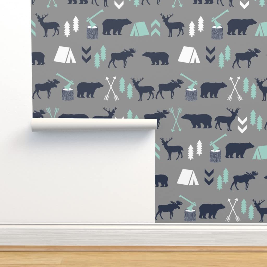 Premium Commercial Grade Wallpaper 27ft x 2ft - Woodland Camping Theme with Bear Design in Grey, Mint, Navy & Blue | Nursery Decor, Baby Boy Room, Tent Accent Wall | Waterproof & Peel-and-Stick for Easy Installation