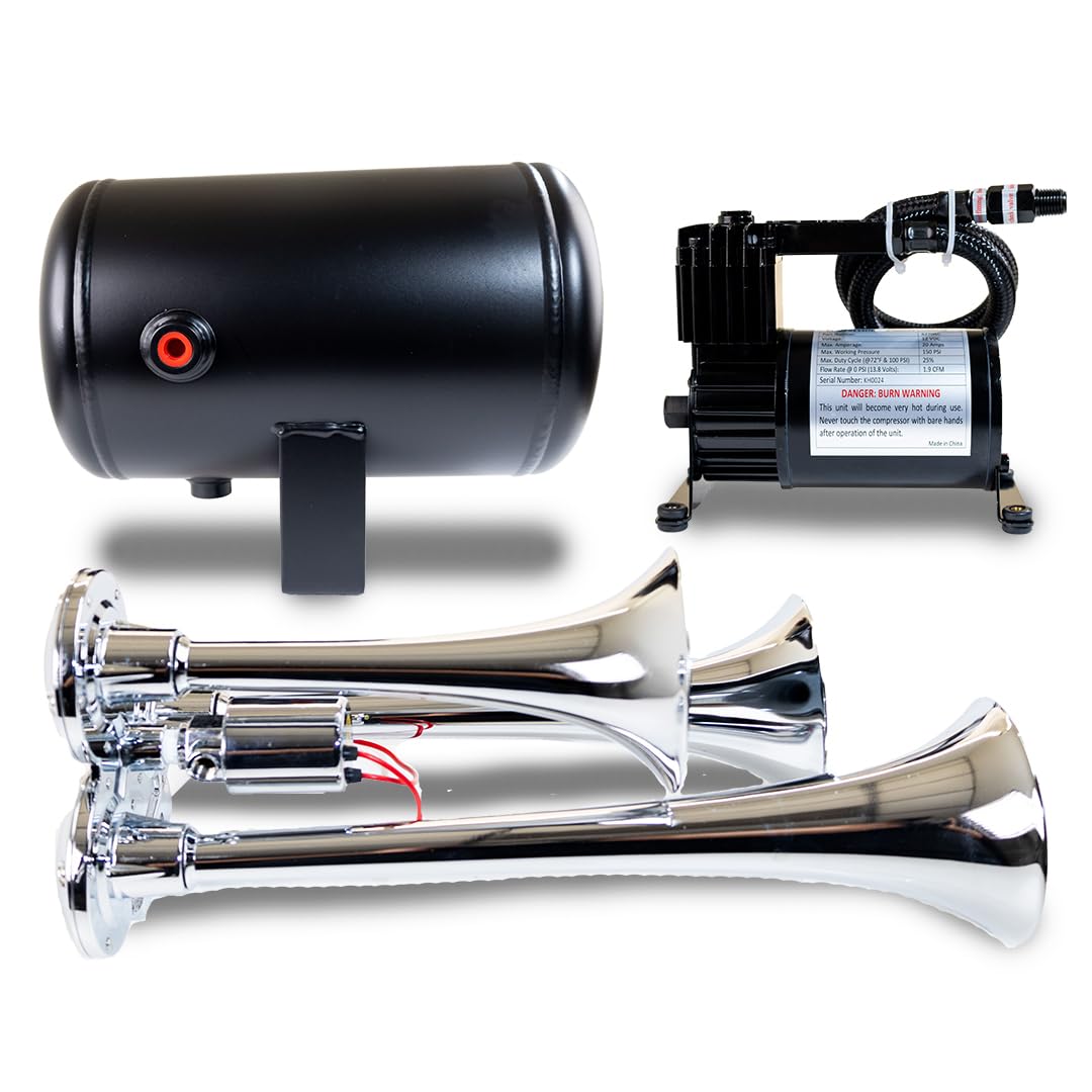 Kleinn HK3 Triple Air Horn Kit - Complete Chrome Truck Horn System for Semi, Pickup & Off-Road Vehicles - Loud Train Horn for Emergency & Safety Alerts